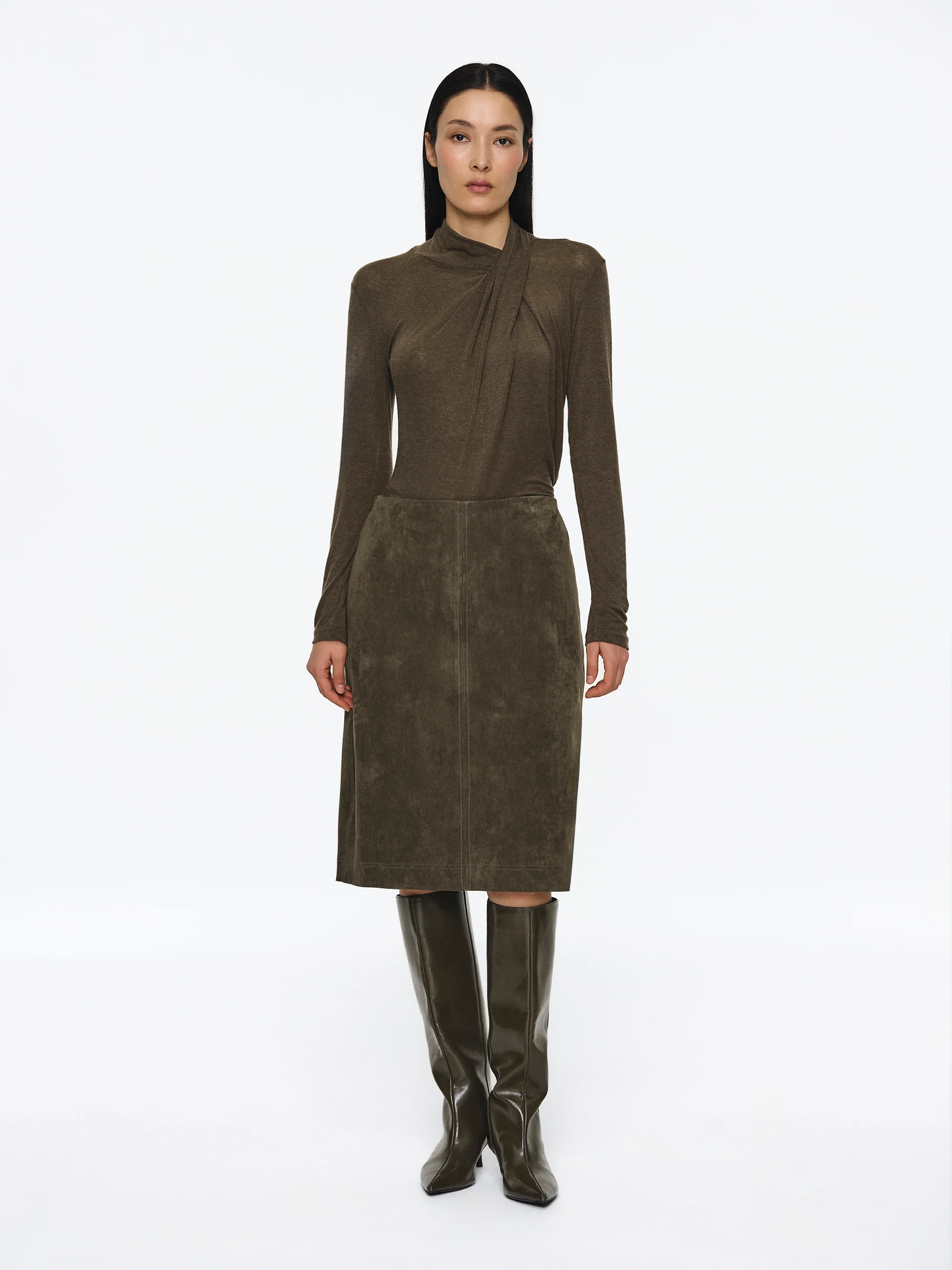Faux Suede Midi Skirt, Brown - Image 2