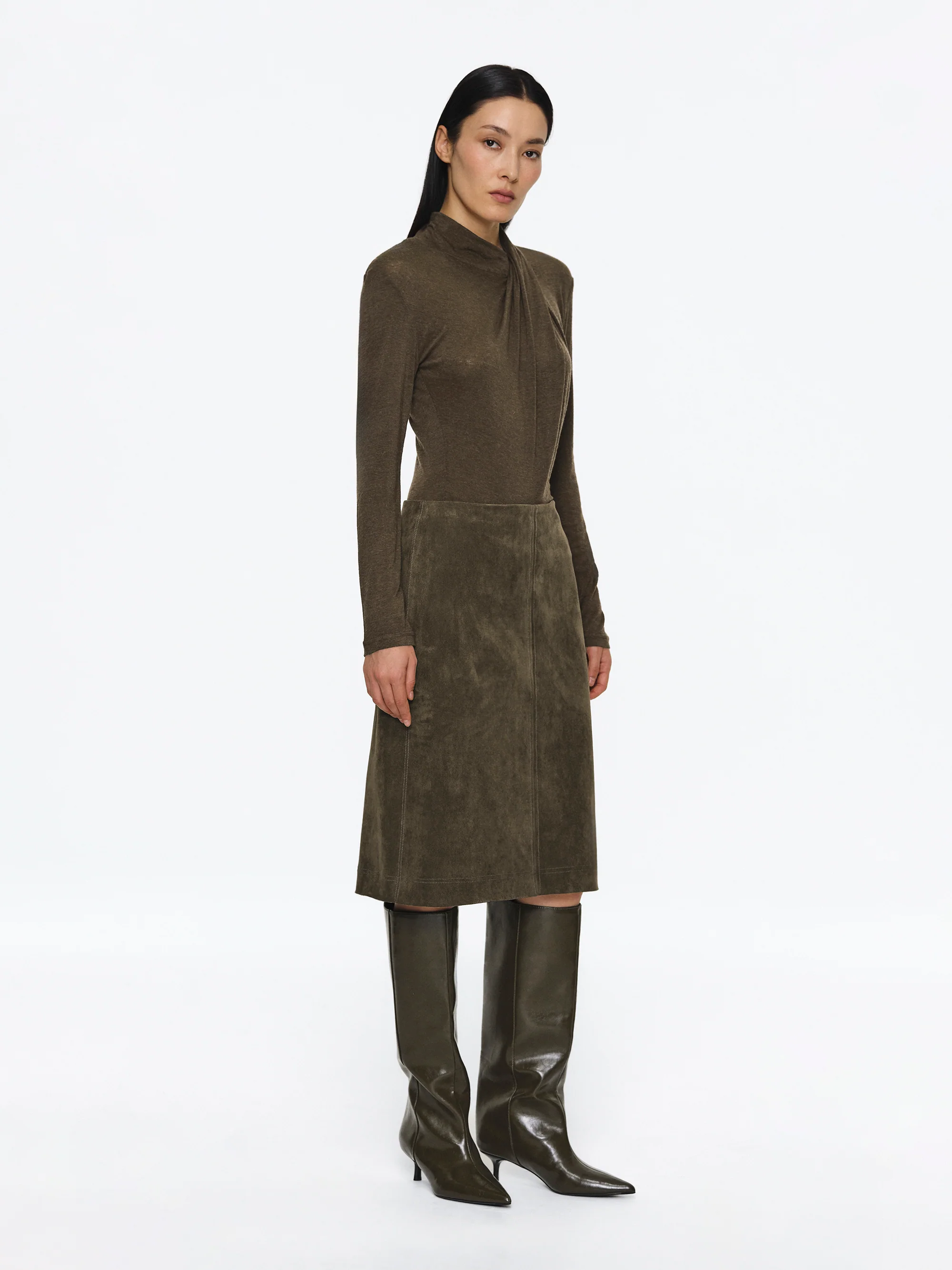 Faux Suede Midi Skirt, Brown - Image 3