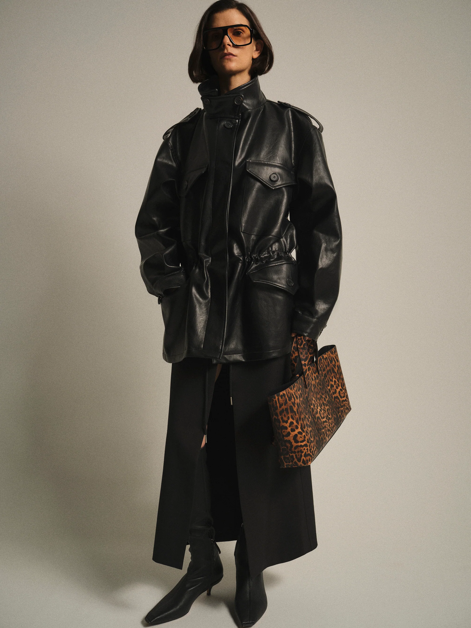 Ferro High-Neck Faux-Leather Field Jacket, Black