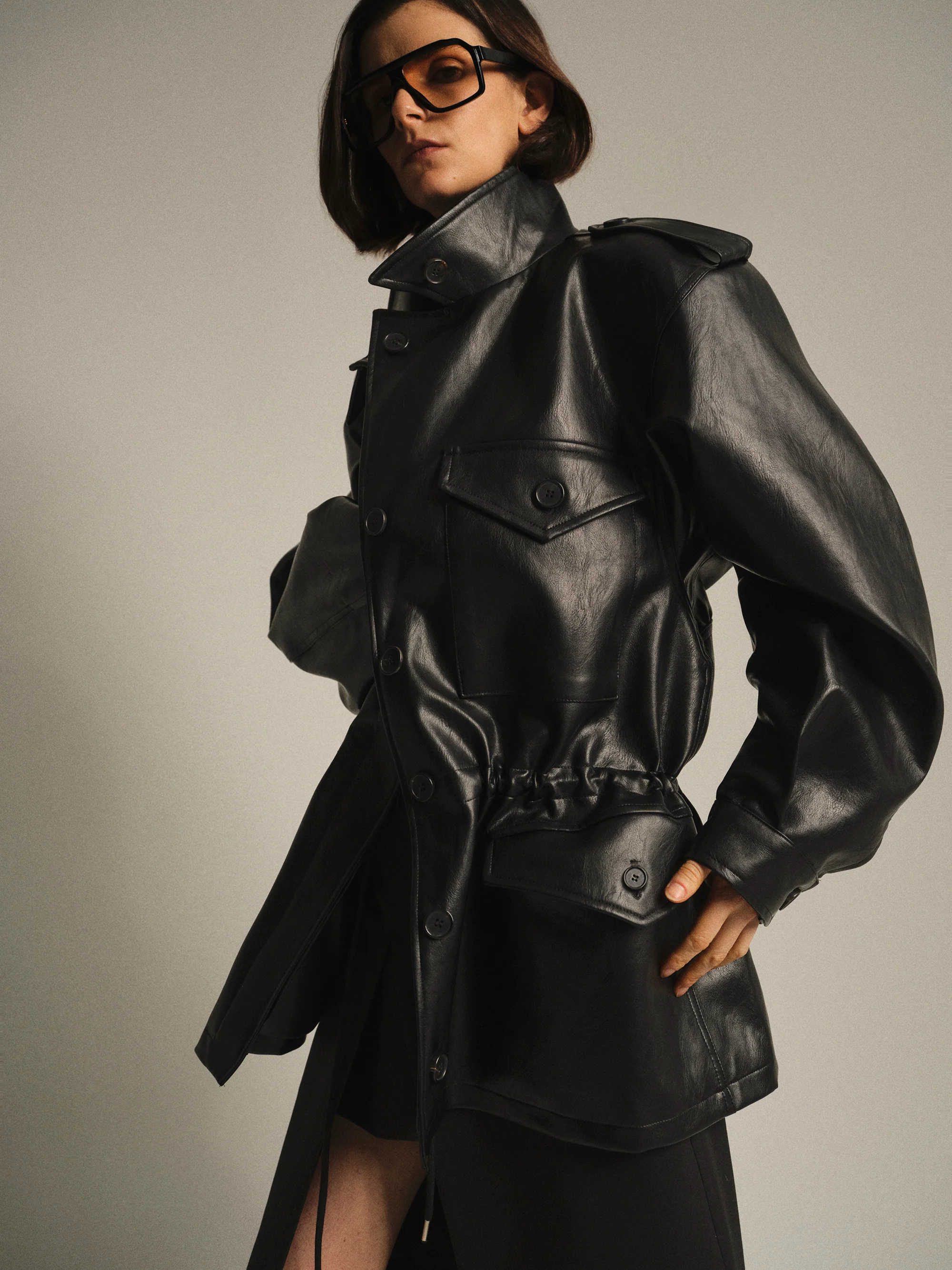 Ferro High-Neck Faux-Leather Field Jacket, Black - Image 2
