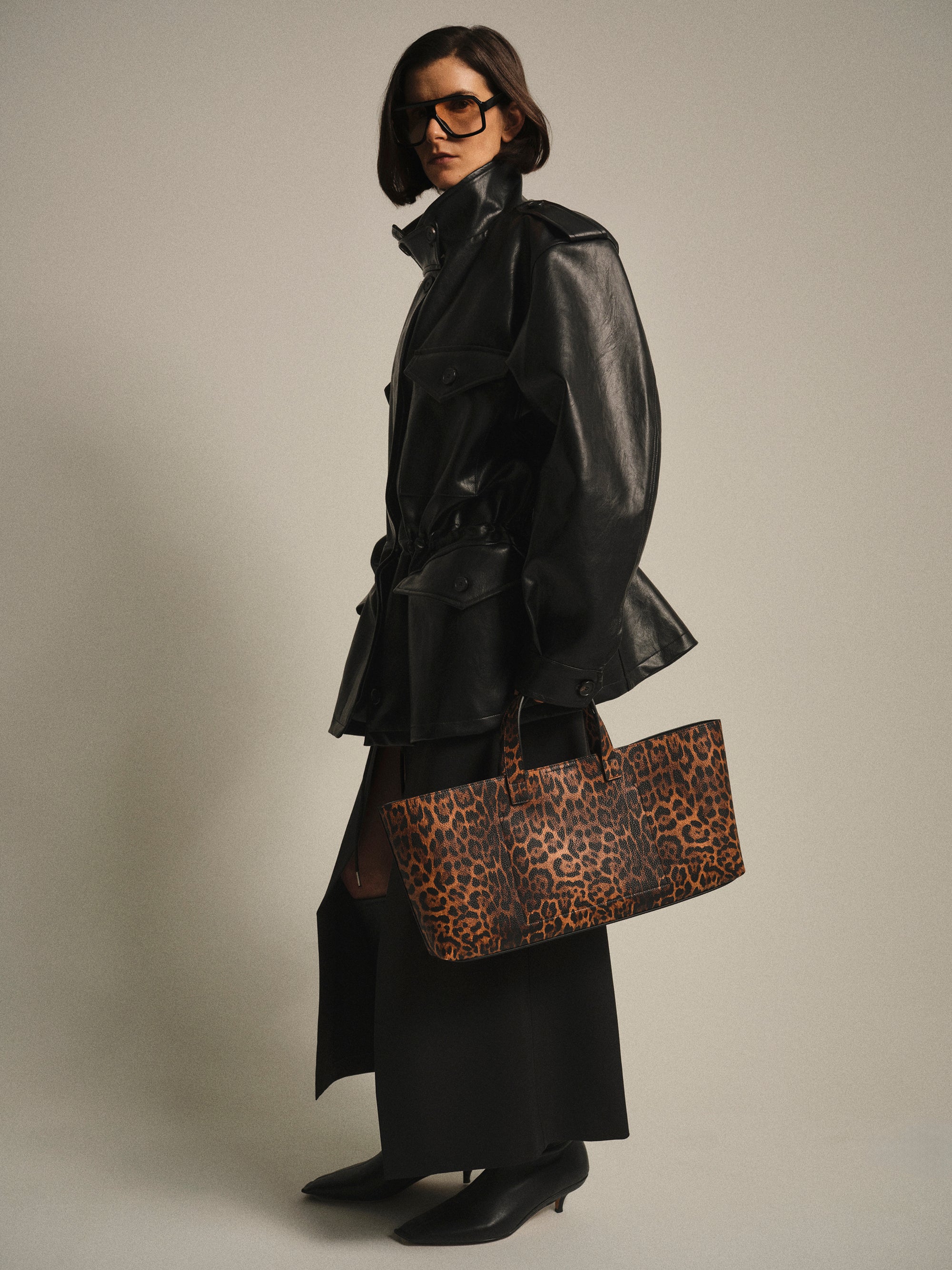 Ferro High-Neck Faux-Leather Field Jacket, Black - Image 3