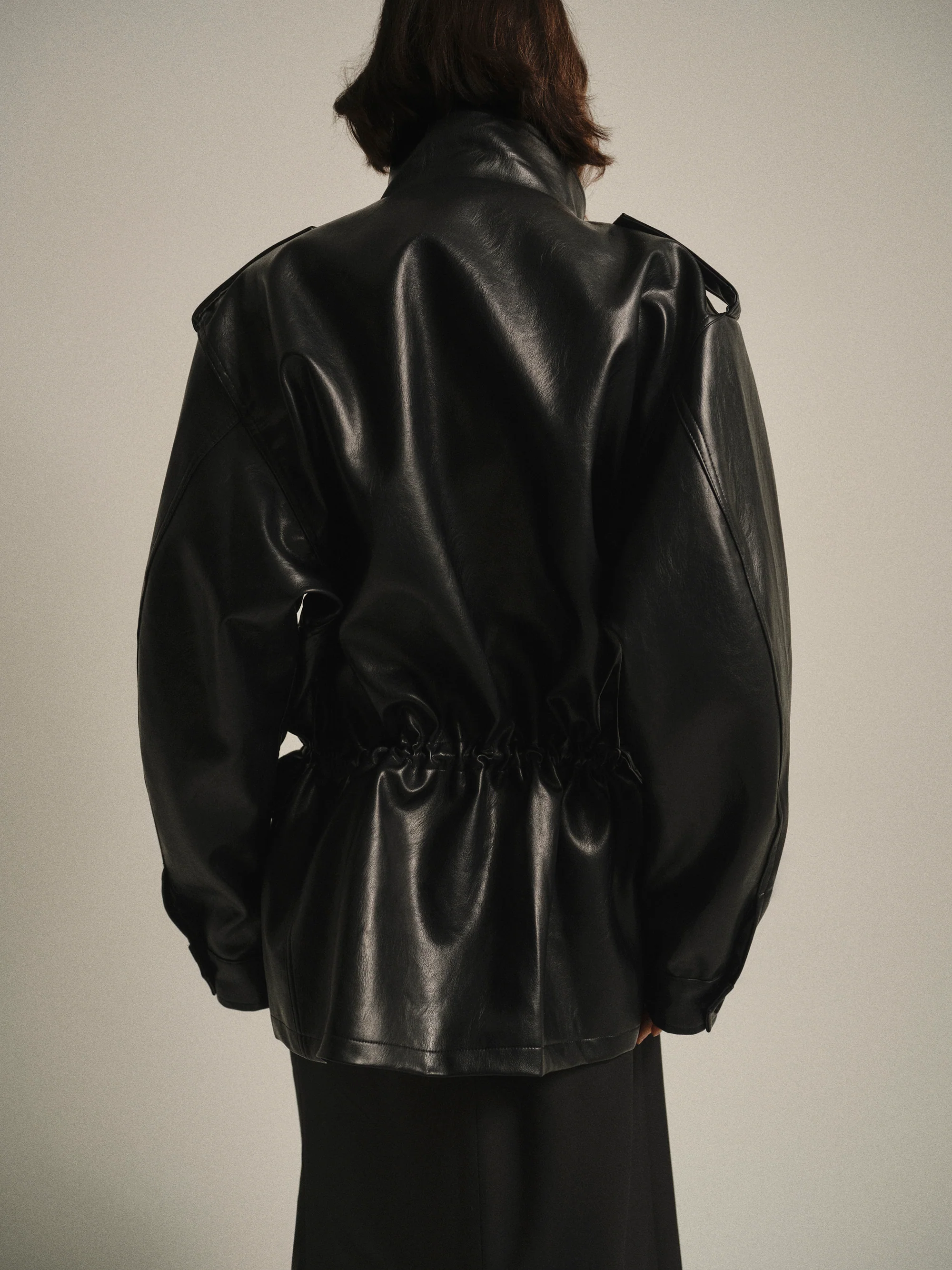 Ferro High-Neck Faux-Leather Field Jacket, Black - Image 4