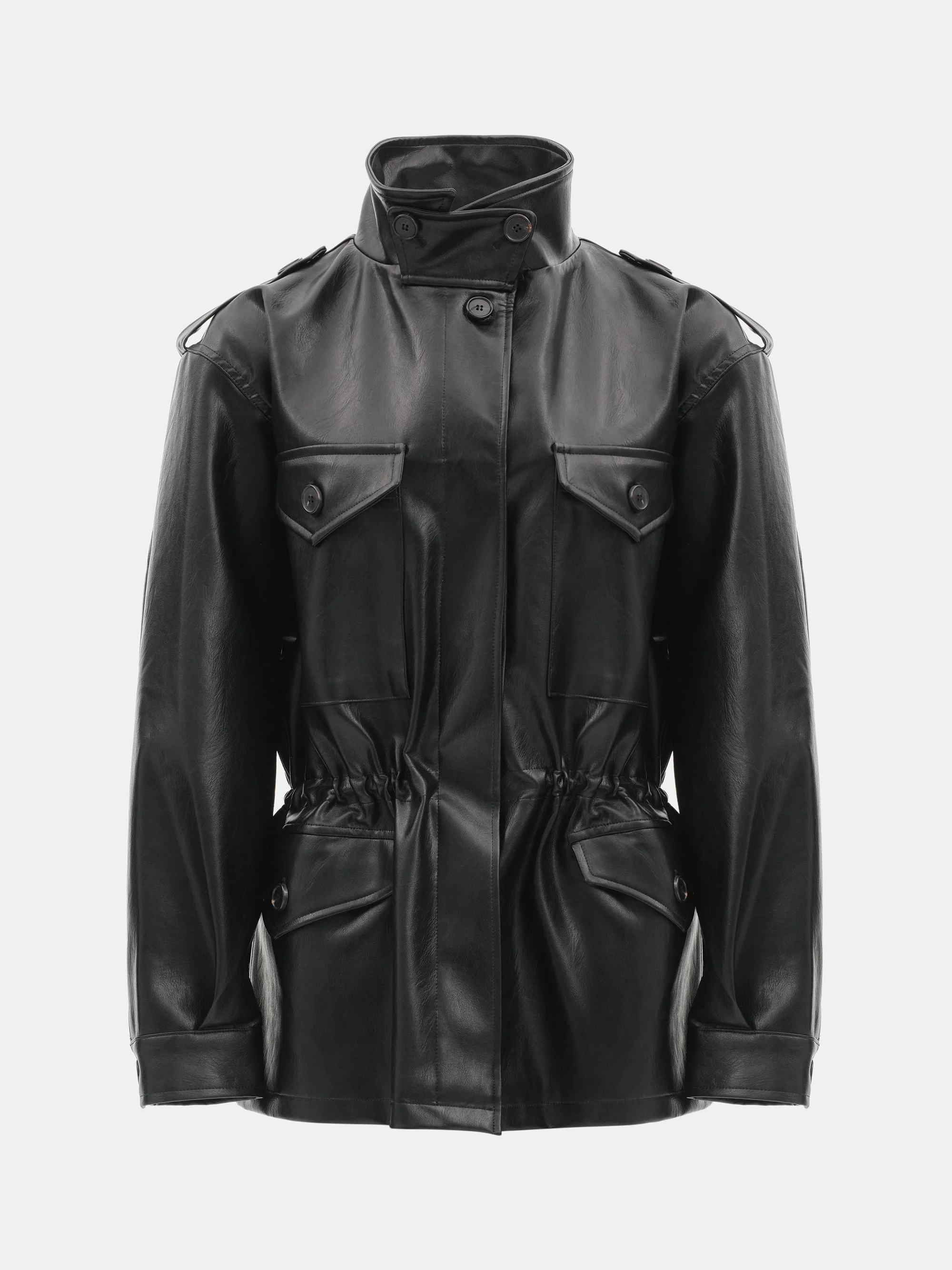 Ferro High-Neck Faux-Leather Field Jacket, Black - Image 5