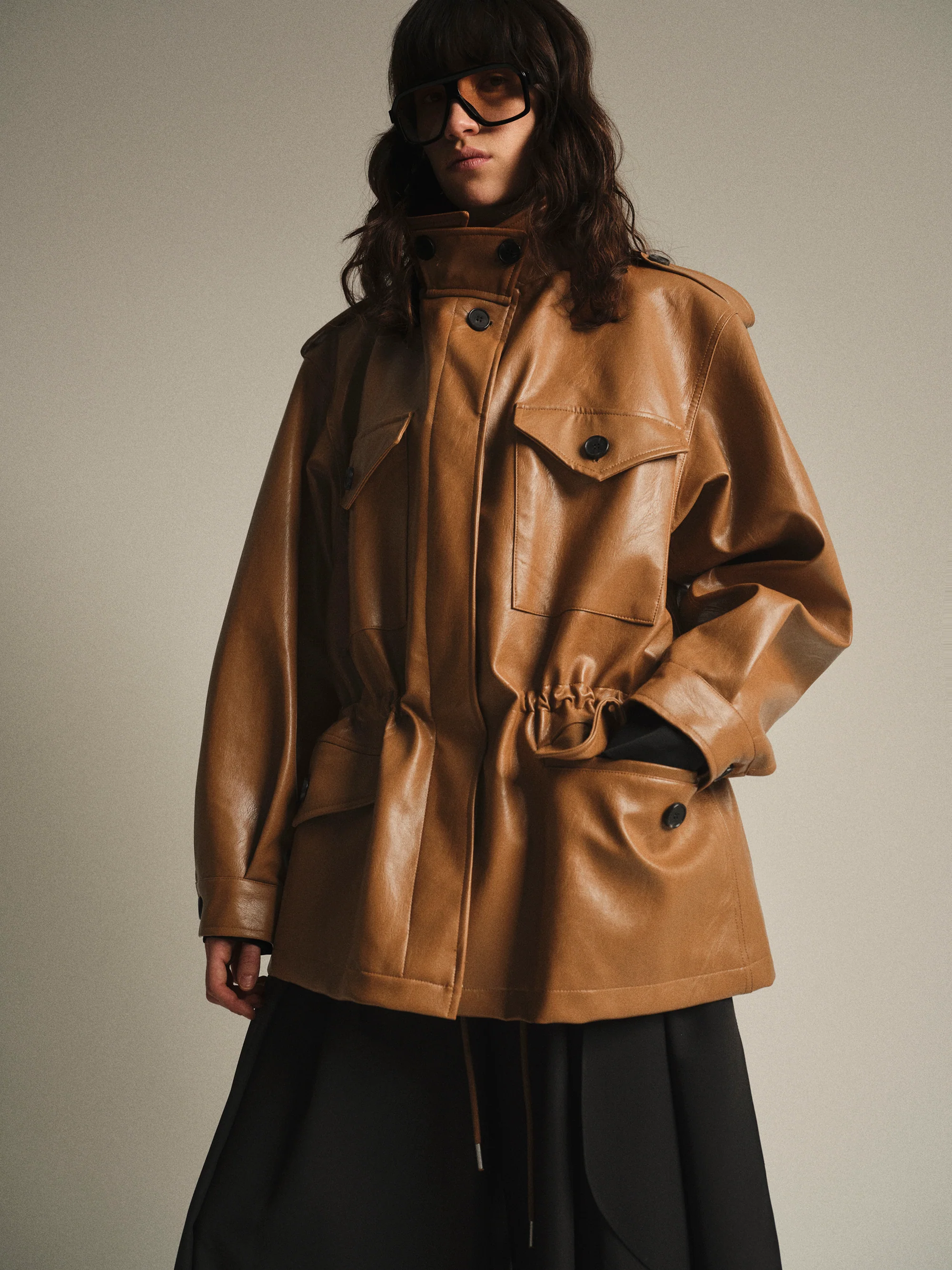 Ferro High-Neck Faux-Leather Field Jacket, Brown