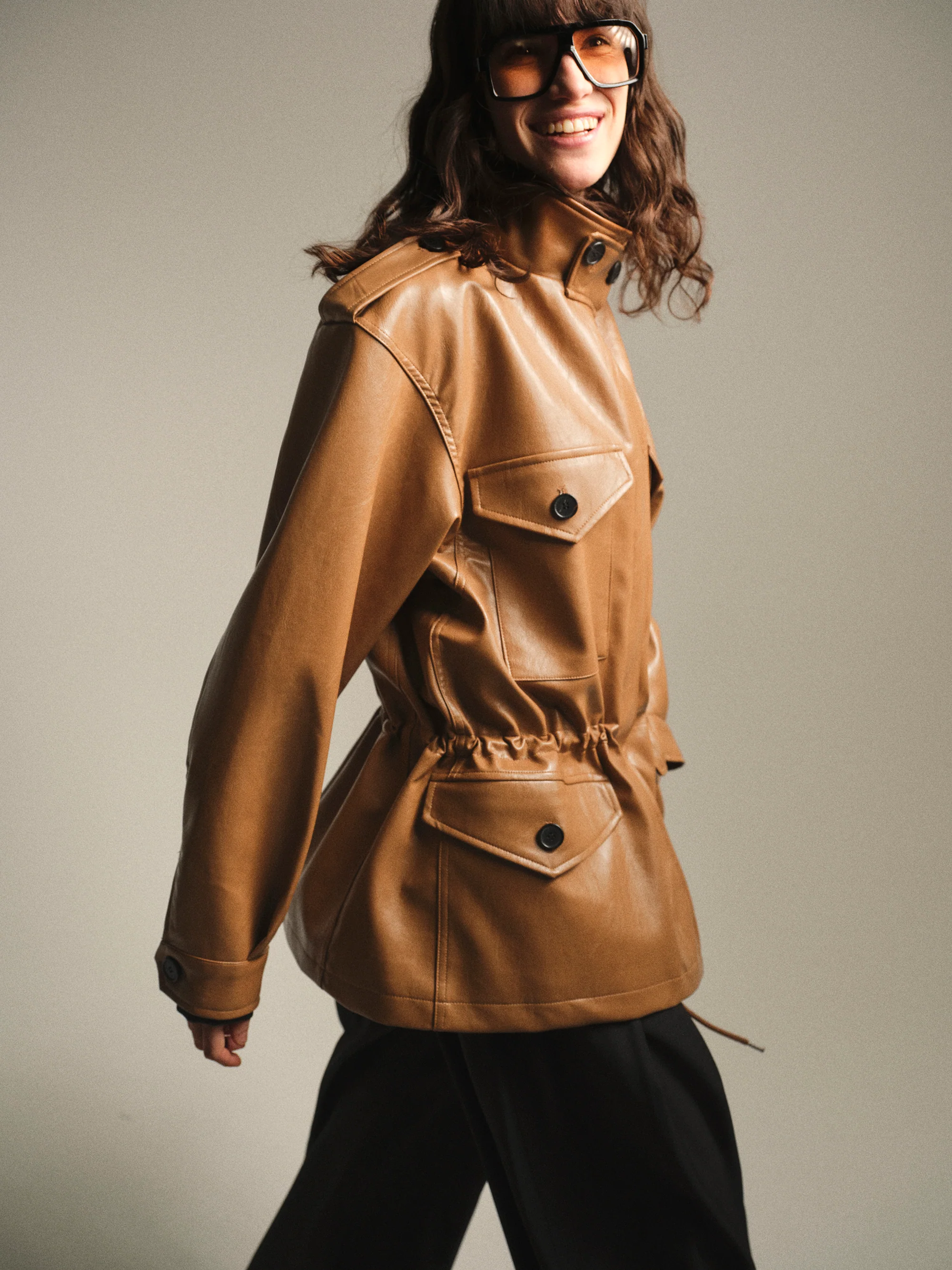 Ferro High-Neck Faux-Leather Field Jacket, Brown - Image 4