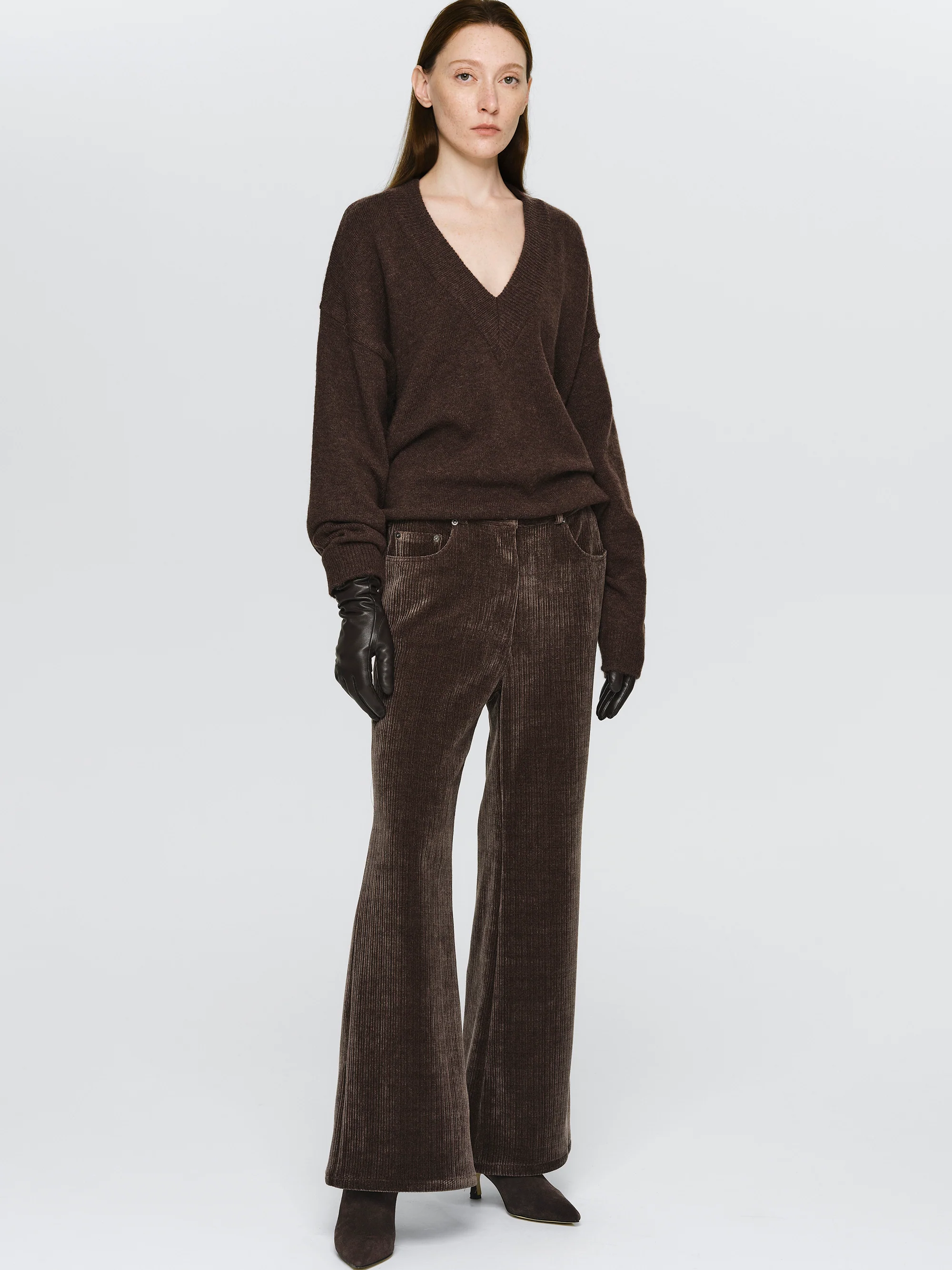 Flared Corduroy Velvet Pants, Brown - Image 3