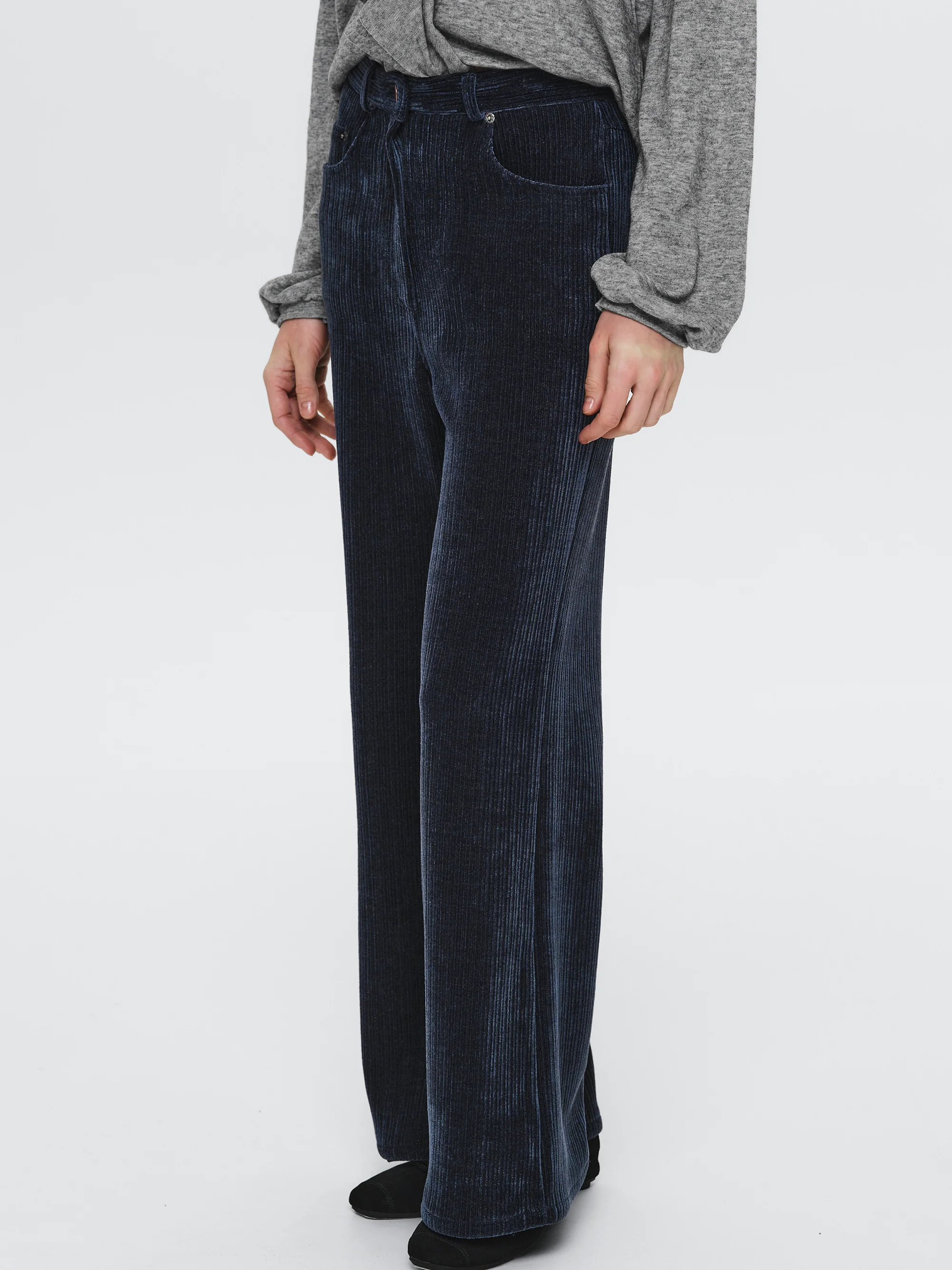 Flared Corduroy Velvet Pants, Navy