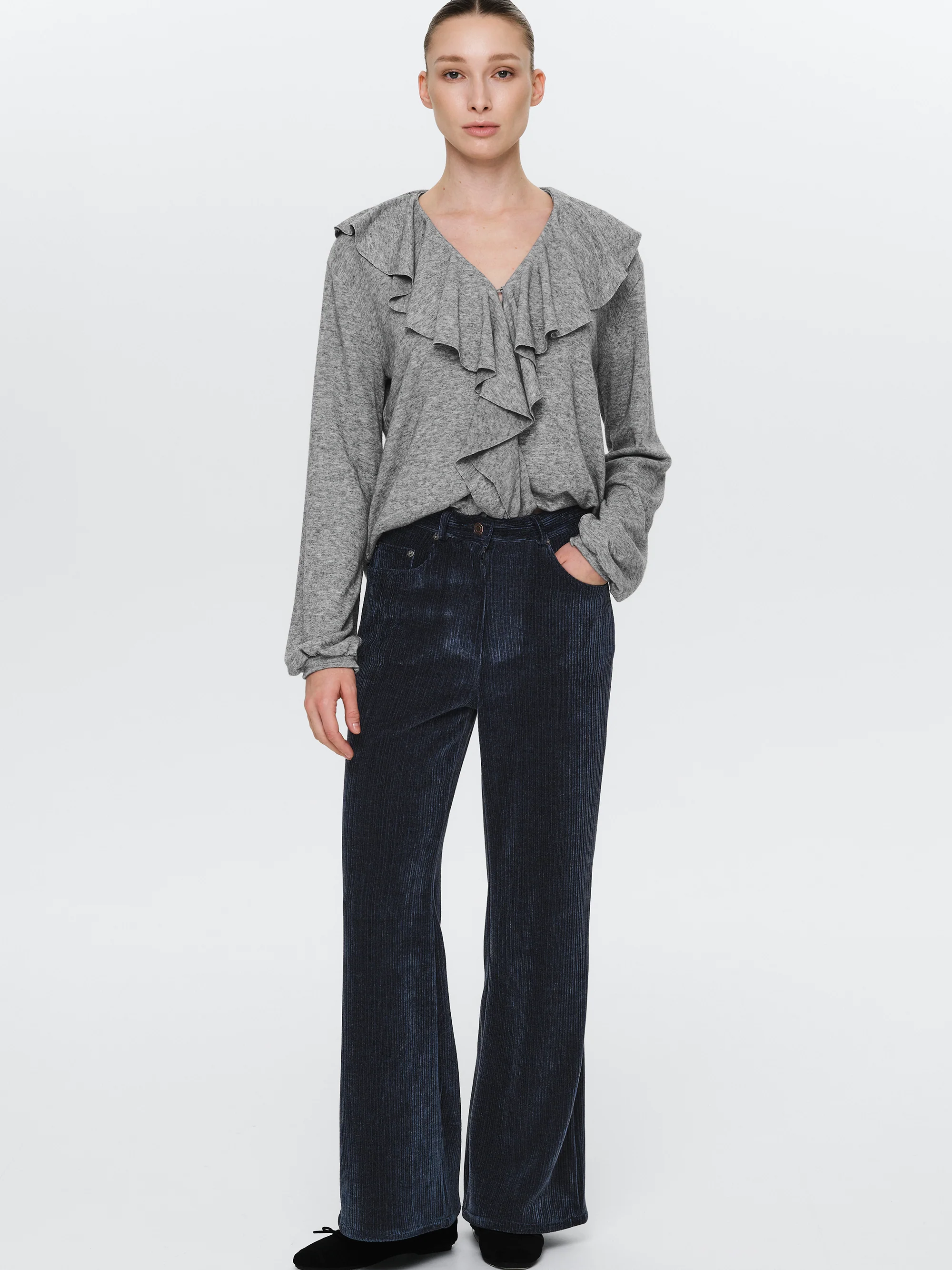 Flared Corduroy Velvet Pants, Navy - Image 3