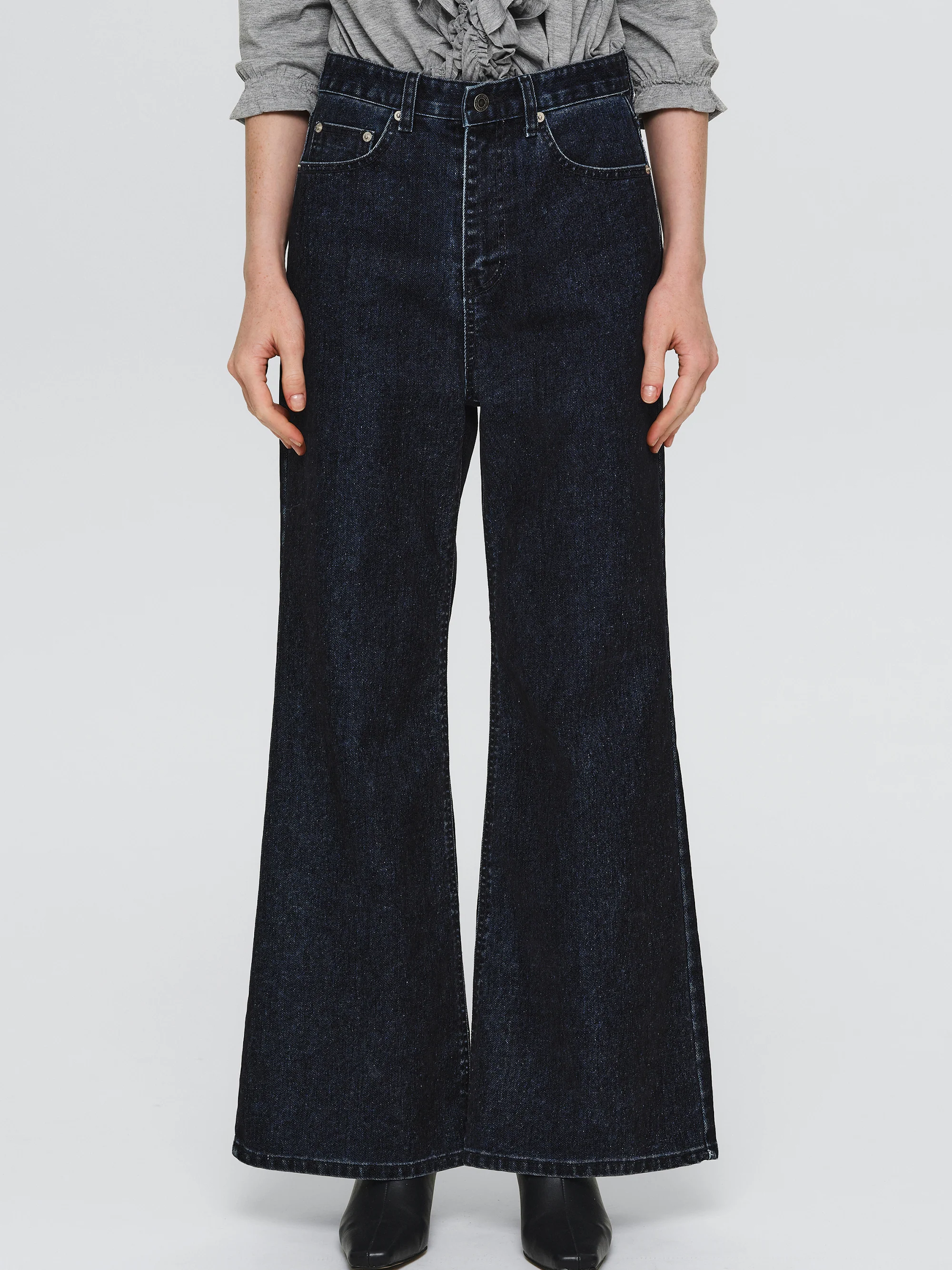 Flared Flocked Jeans, Navy