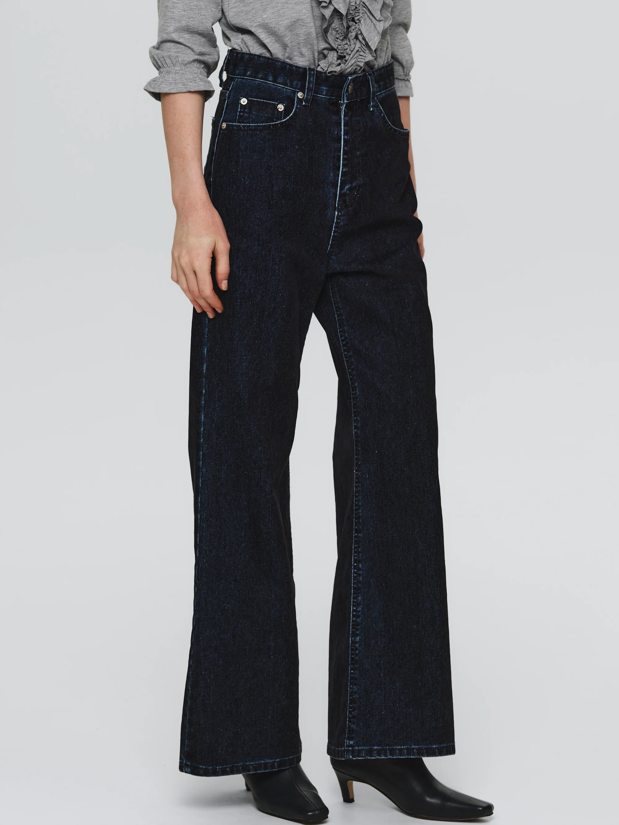 Flared Flocked Jeans, Navy - Image 3