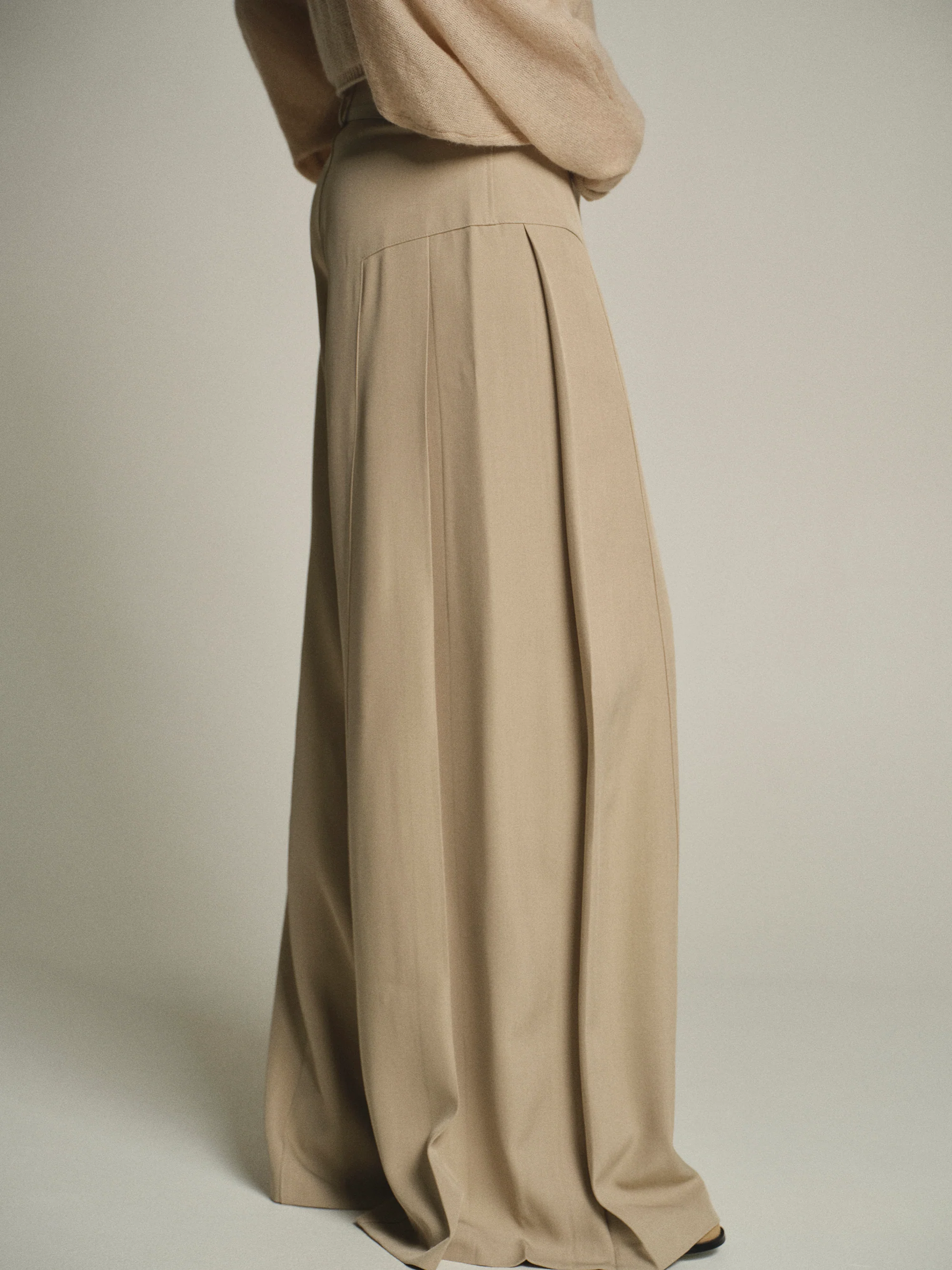 Flowy Wide-Leg Pants, Beige - Image 2