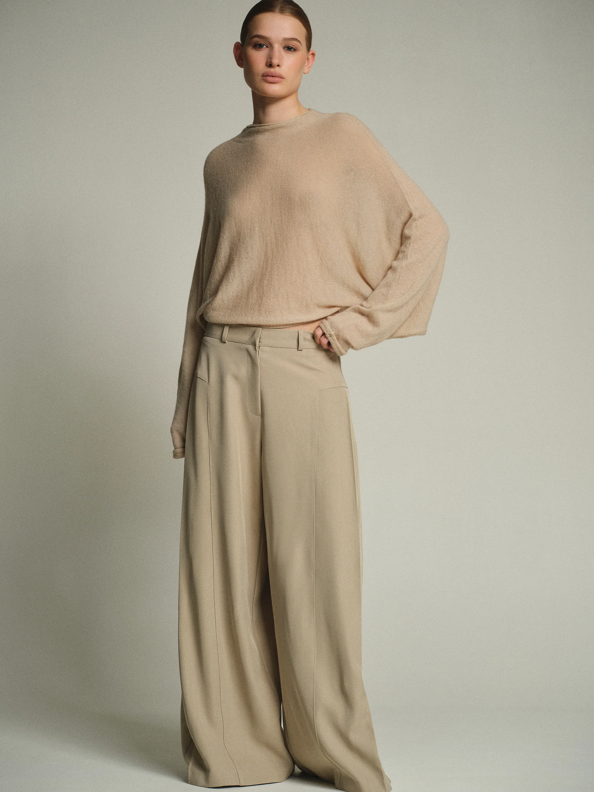 Flowy Wide-Leg Pants, Beige - Image 3