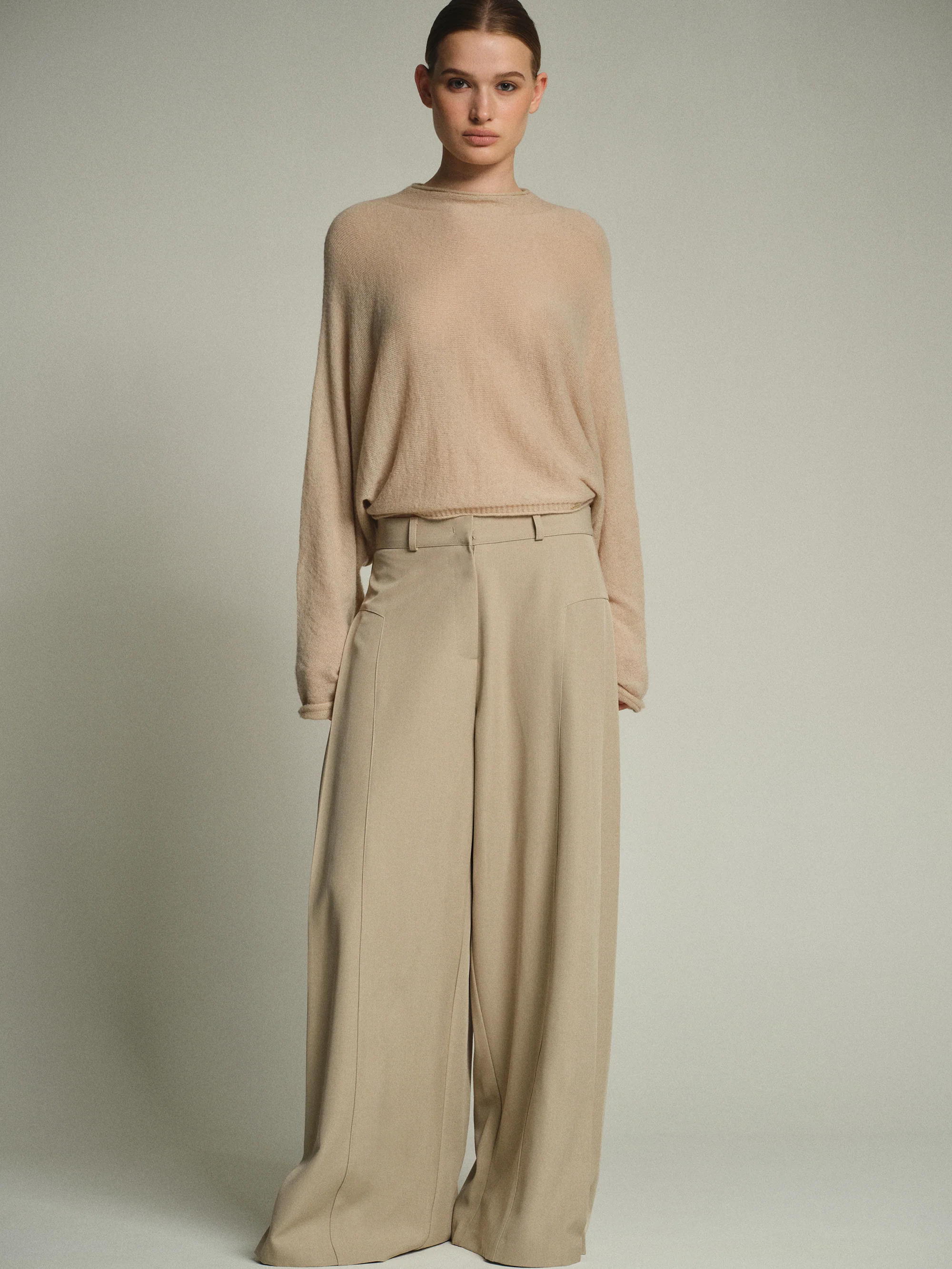 Flowy Wide-Leg Pants, Beige - Image 4