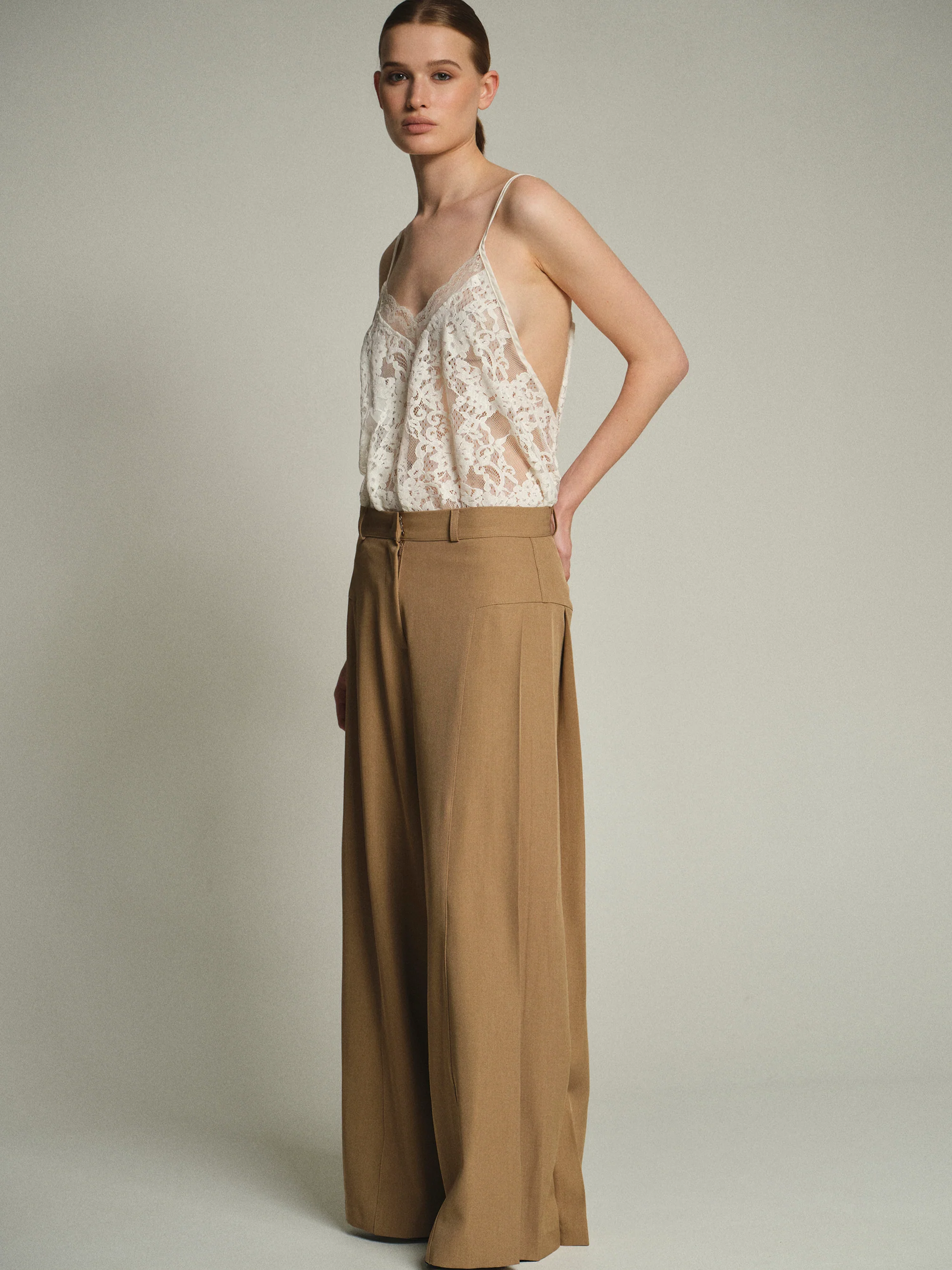 Flowy Wide-Leg Pants, Tan - Image 3