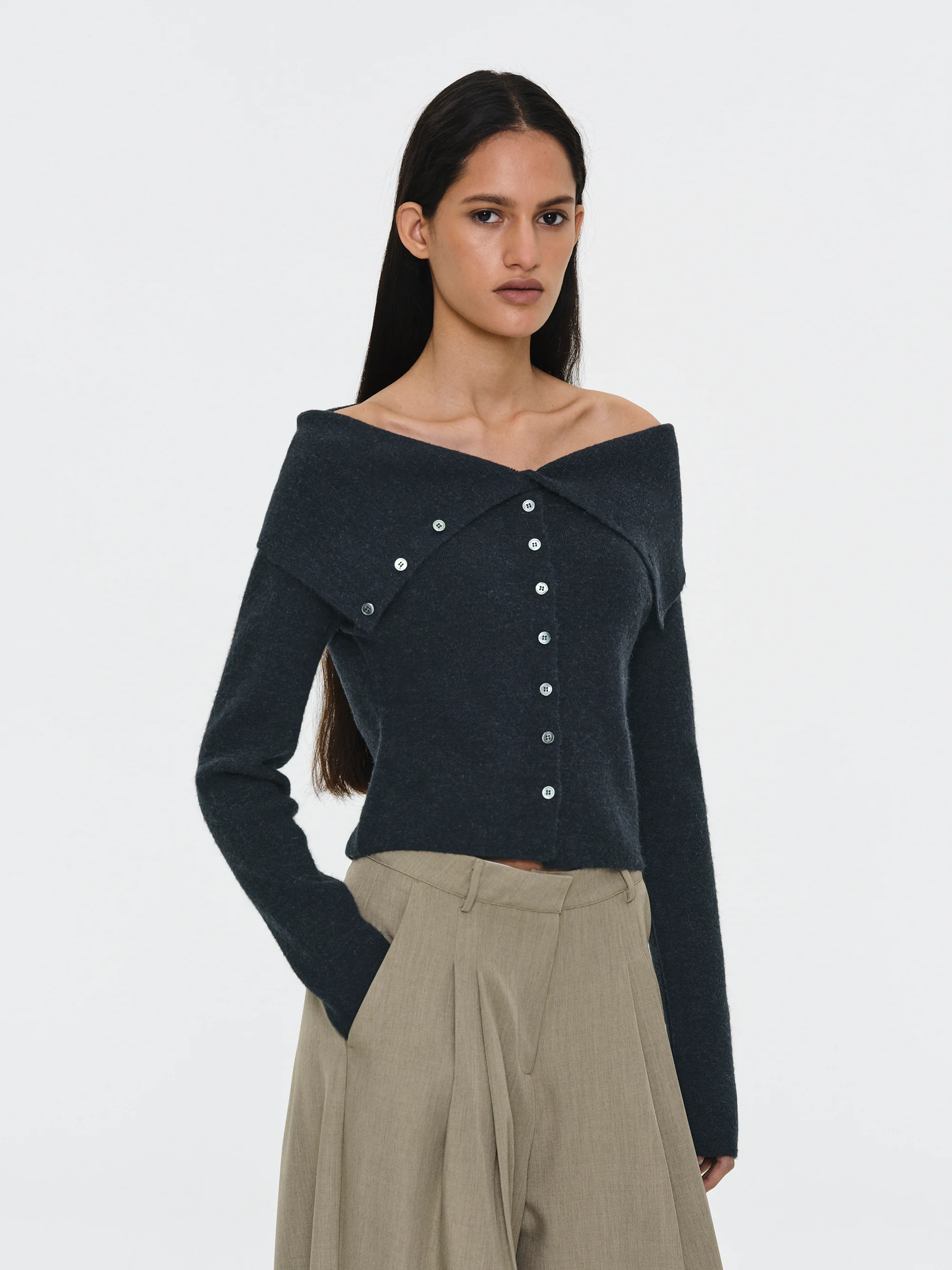 Foldover Button Knit Top, Navy