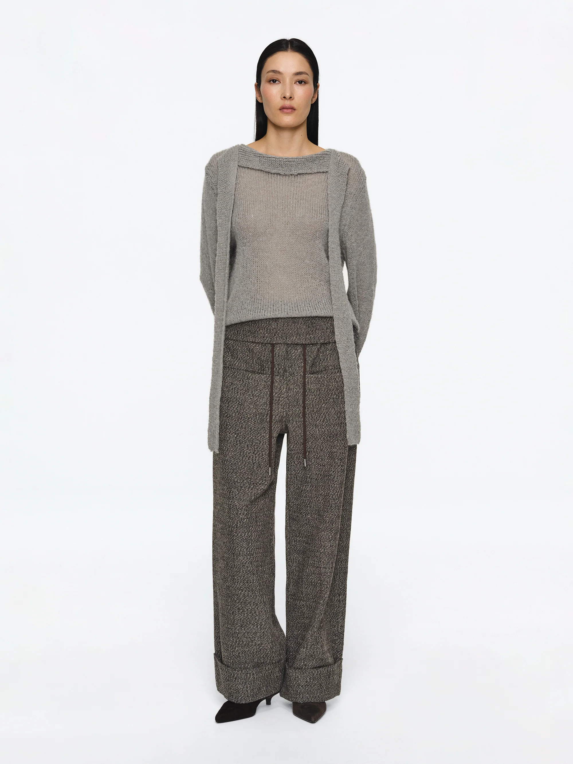 Foldover Drawstring Trousers, Brown - Image 2