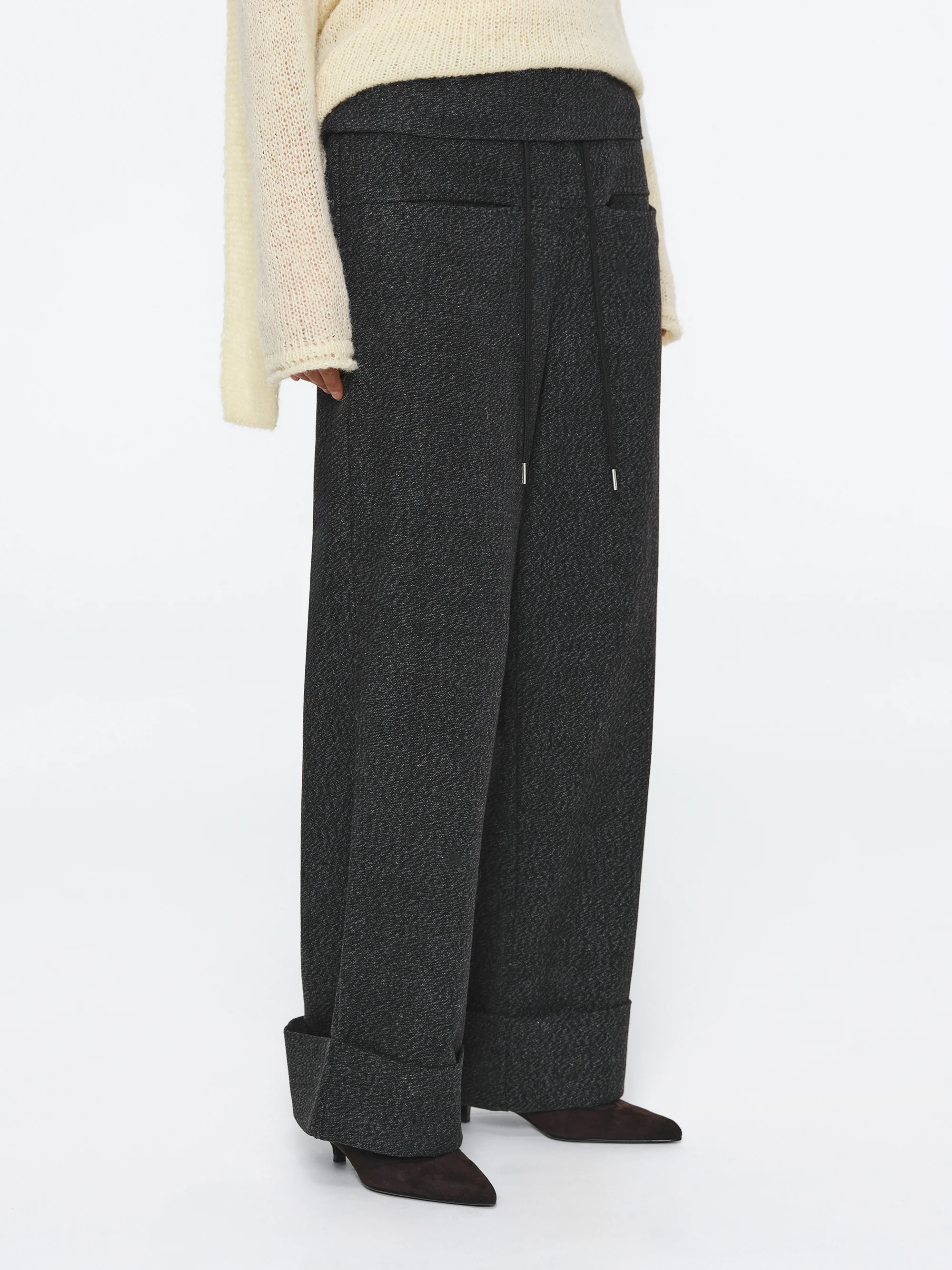 Foldover Drawstring Trousers, Charcoal