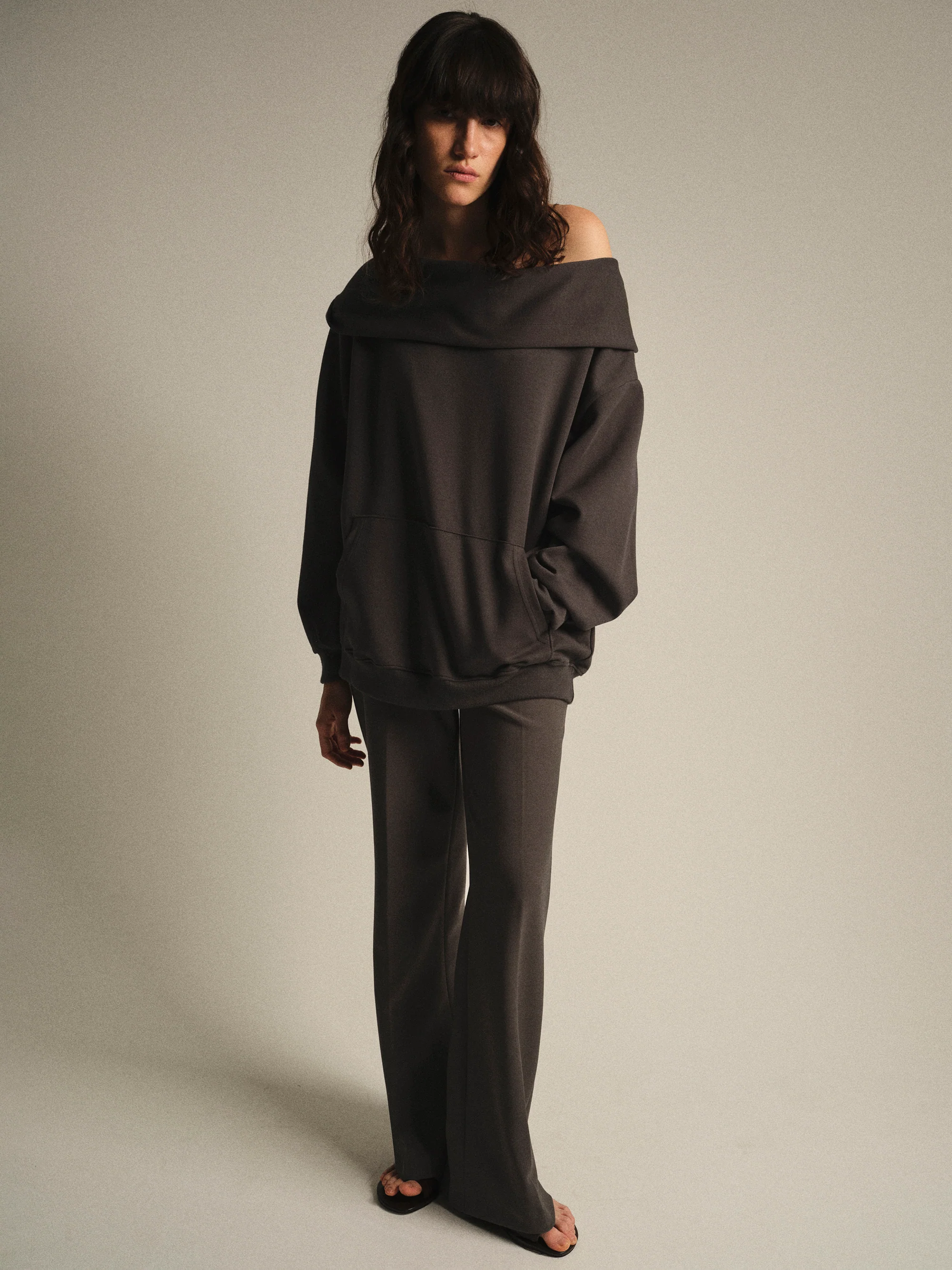Foldover Hoodie Sweatshirt, Brown - Image 3