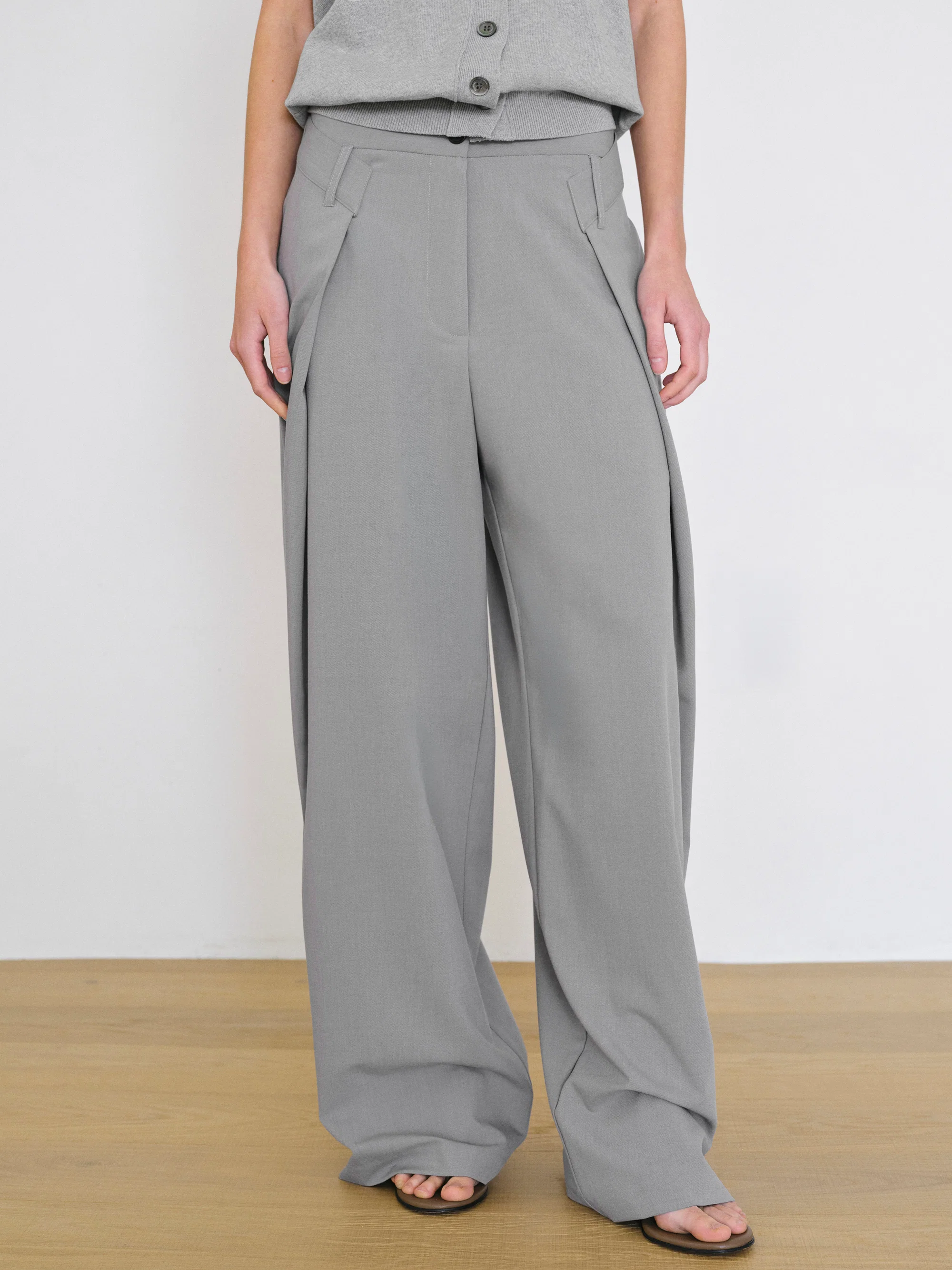 Foldover Wide-Leg Trousers, Grey
