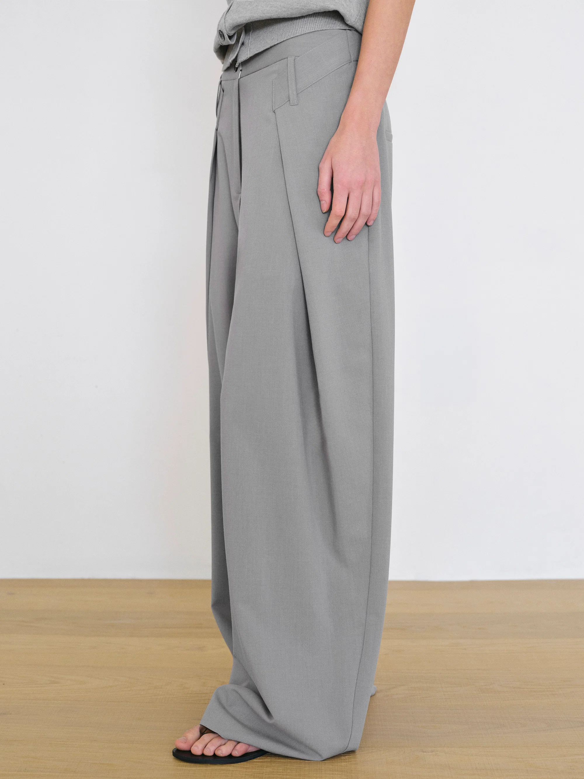Foldover Wide-Leg Trousers, Grey - Image 2
