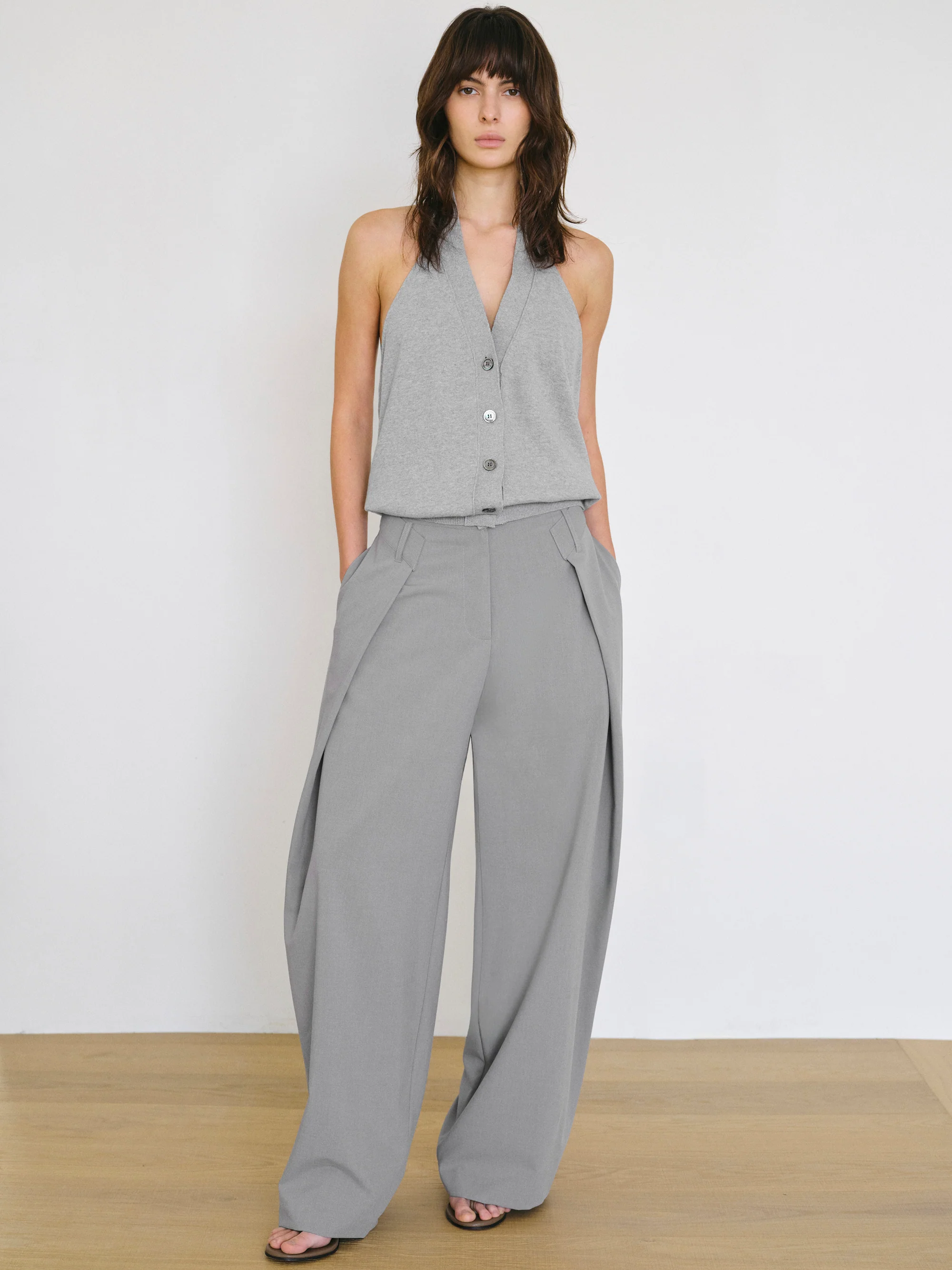 Foldover Wide-Leg Trousers, Grey - Image 3