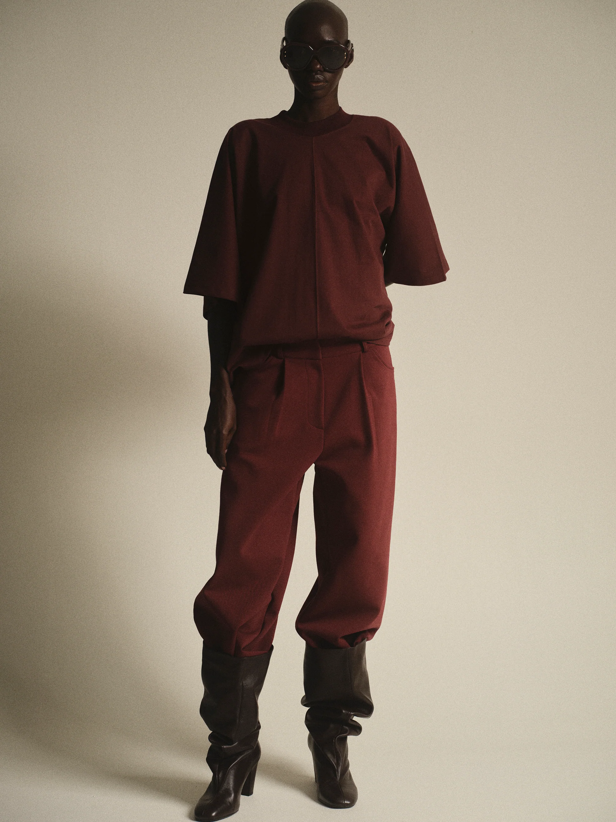 French Terry Pleat Pants, Wine - Image 2