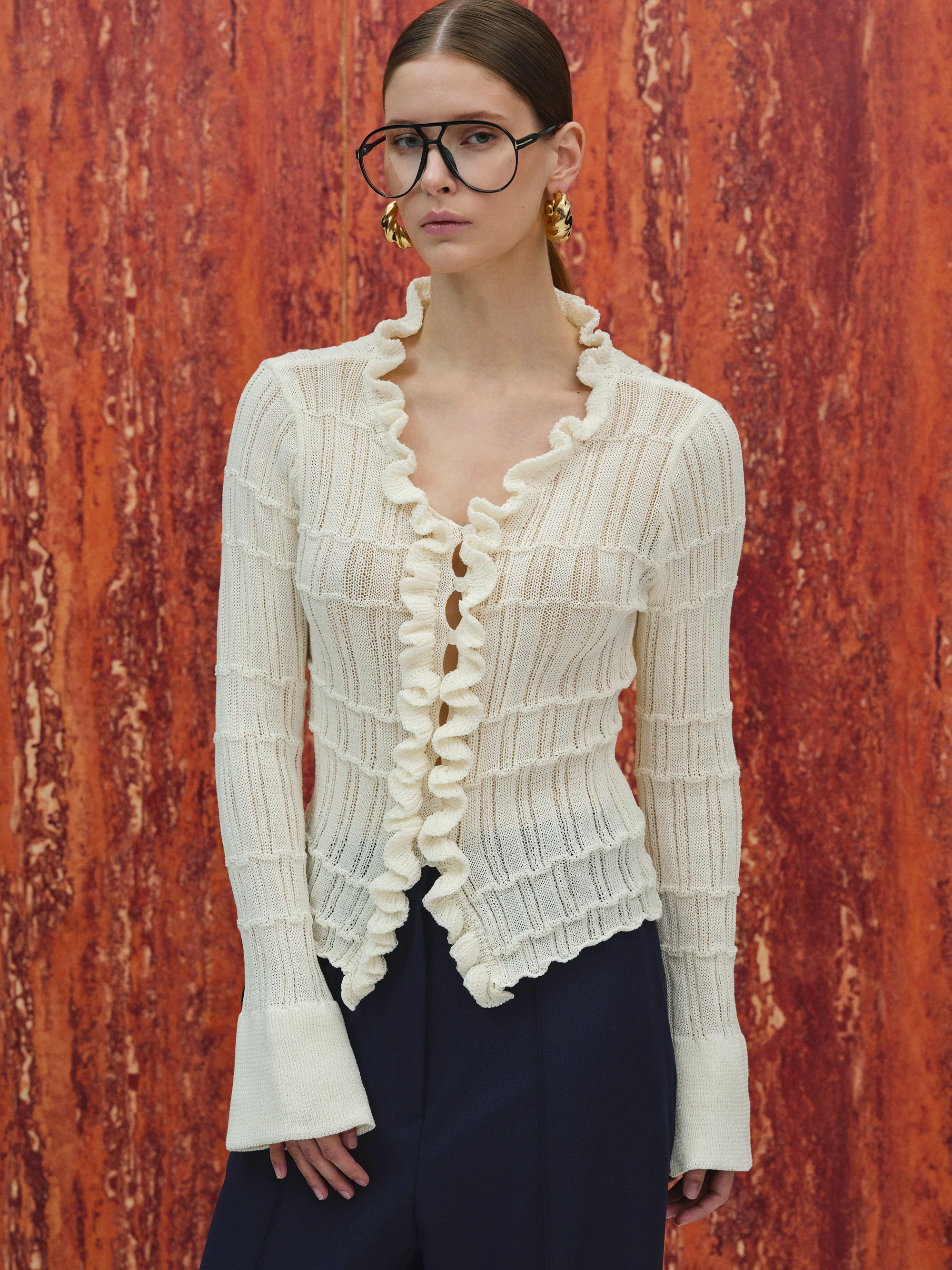 Frilled Knit Cardigan, Ivory