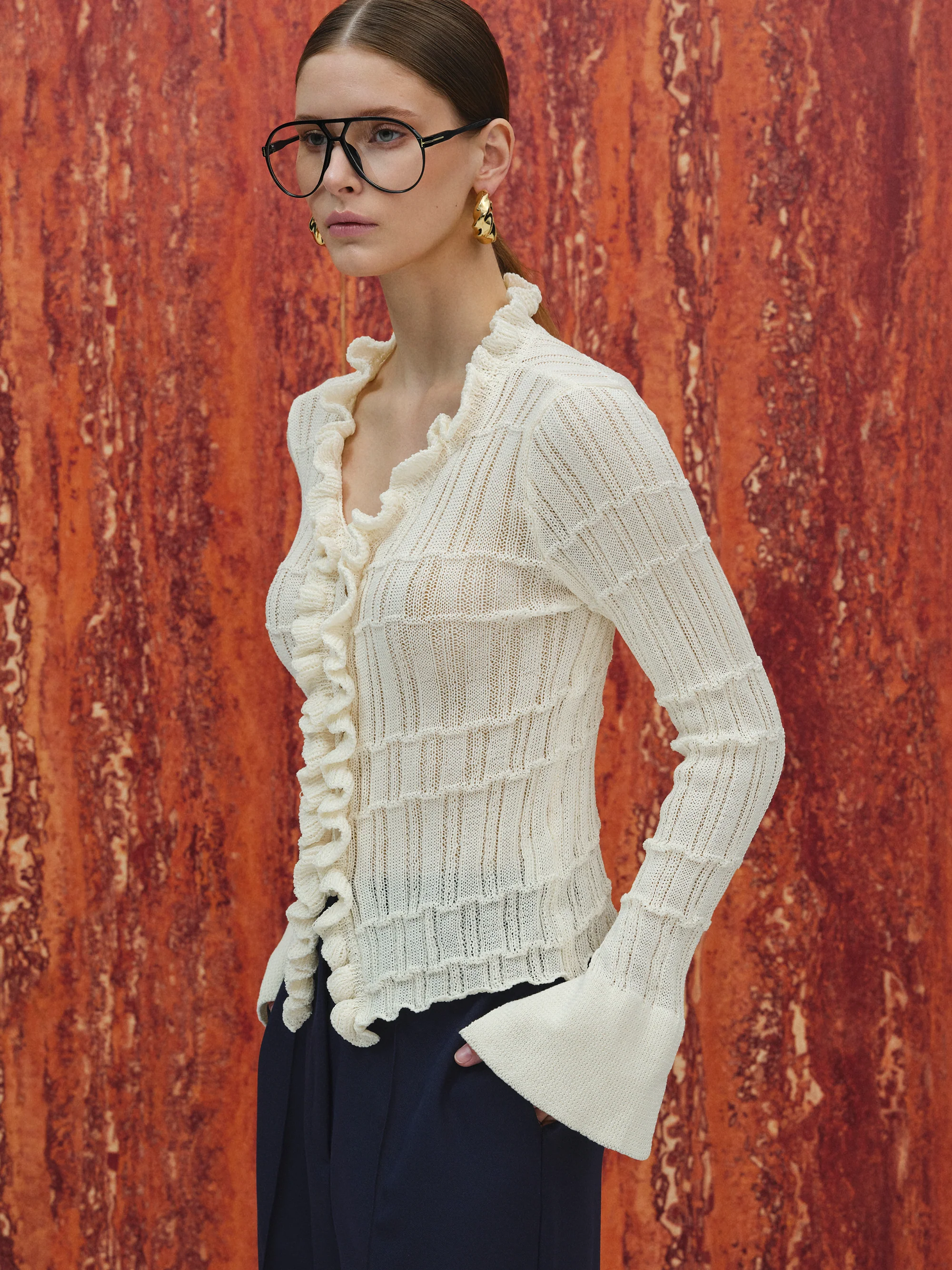 Frilled Knit Cardigan, Ivory - Image 2