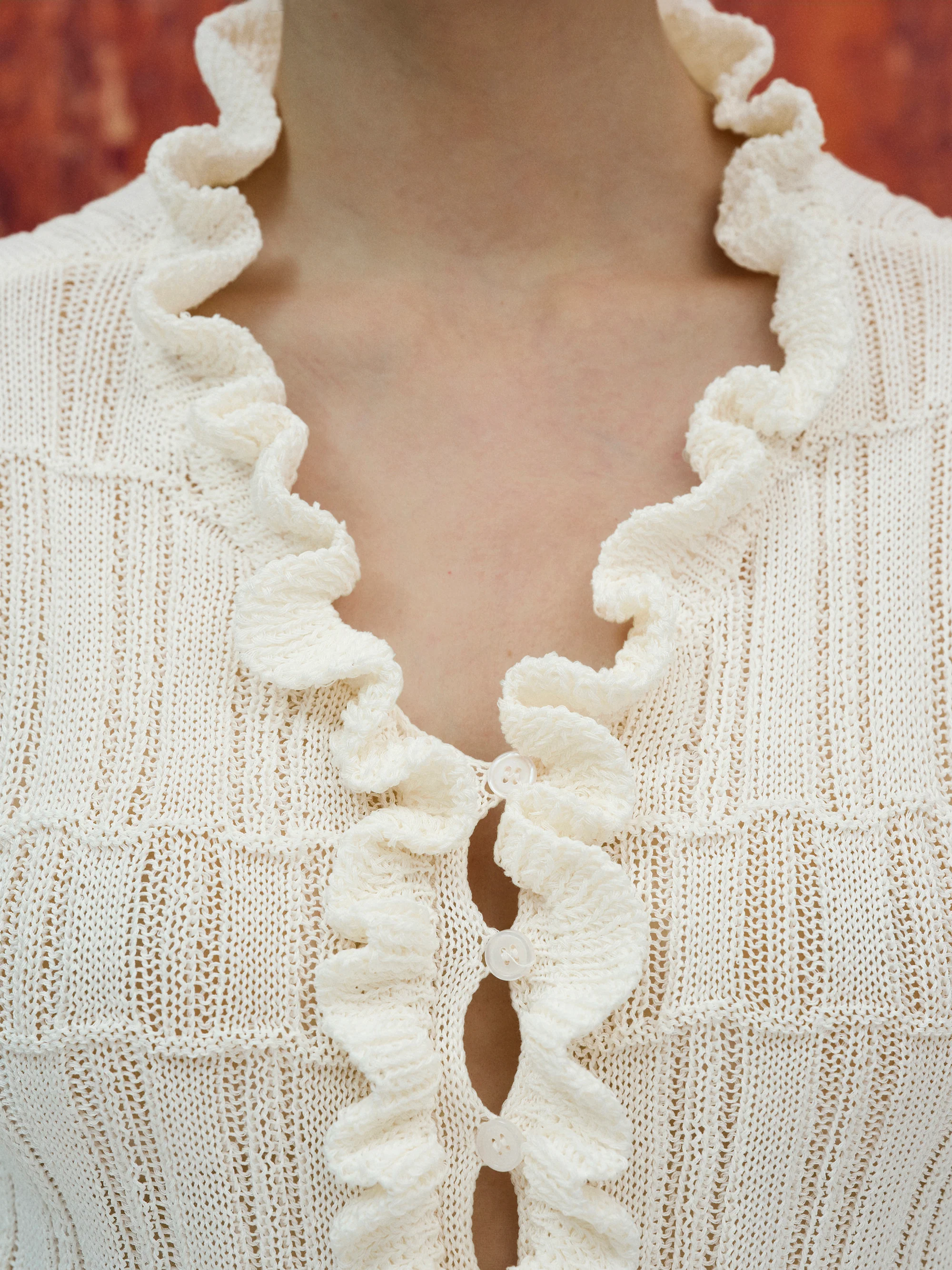 Frilled Knit Cardigan, Ivory - Image 3