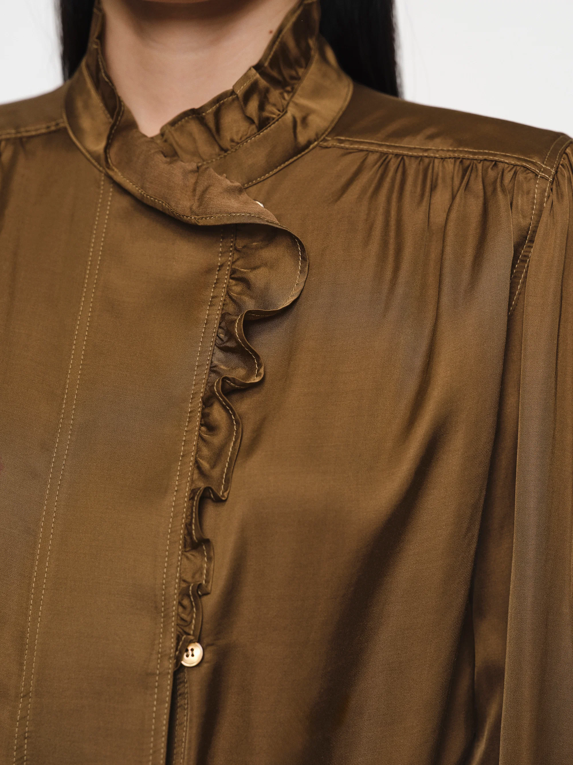 Frilled Neck Blouse, Brown - Image 2