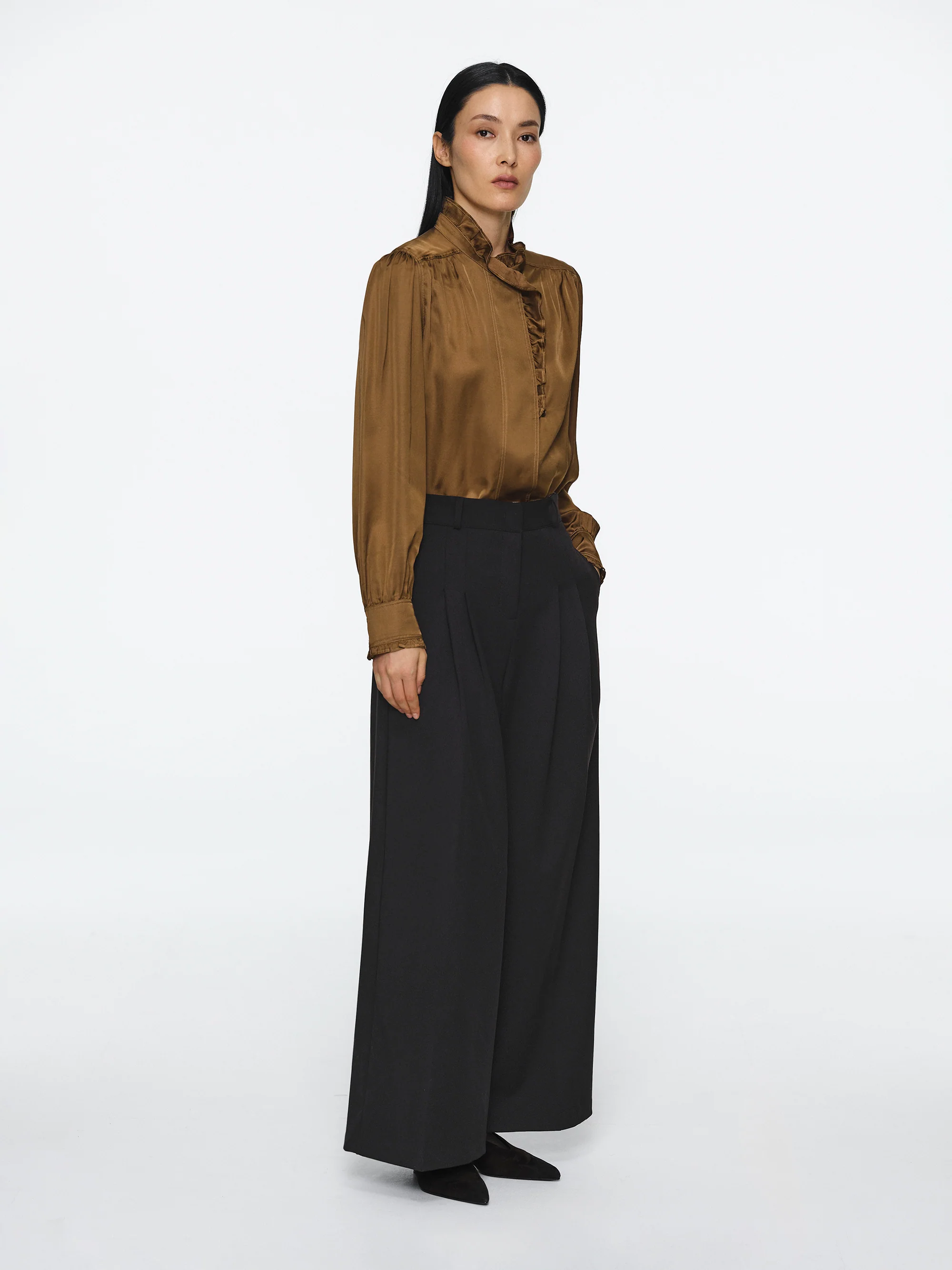 Frilled Neck Blouse, Brown - Image 3