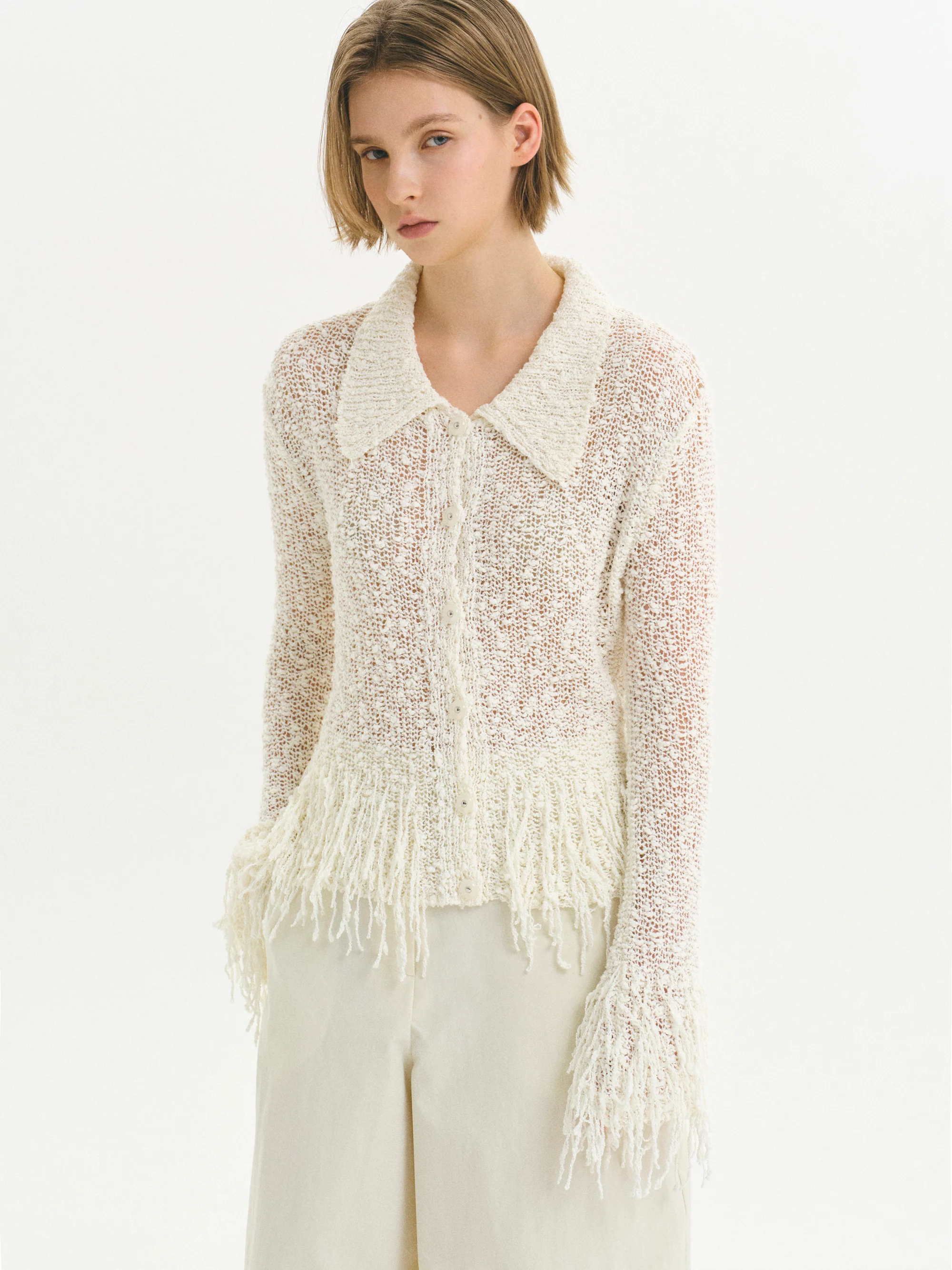 Fringe-Trimmed Open-Knit Cardigan, Ivory