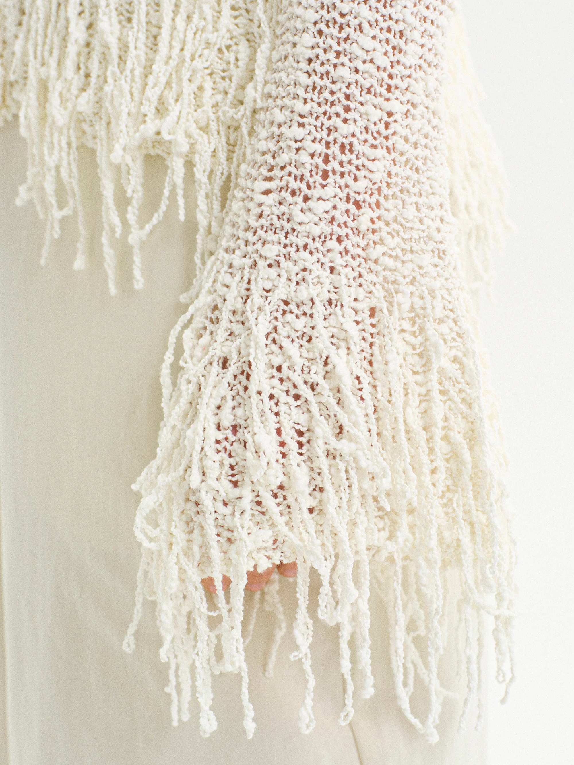 Fringe-Trimmed Open-Knit Cardigan, Ivory - Image 2