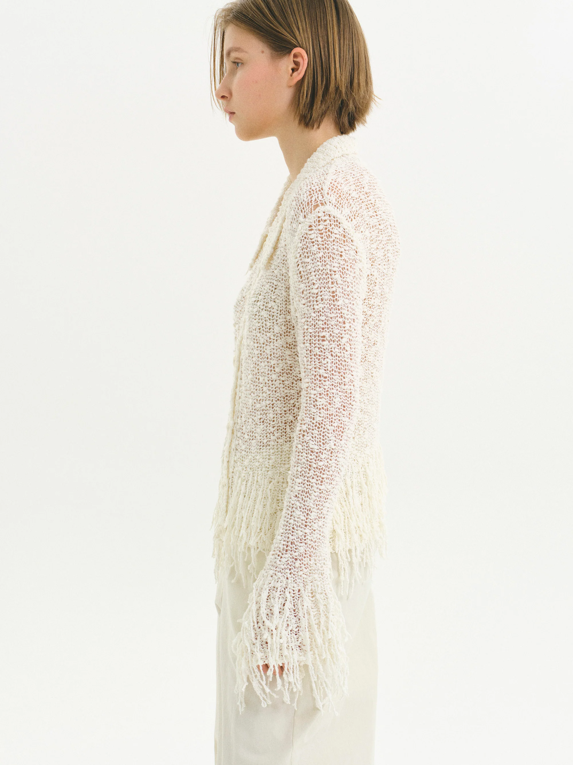 Fringe-Trimmed Open-Knit Cardigan, Ivory - Image 3