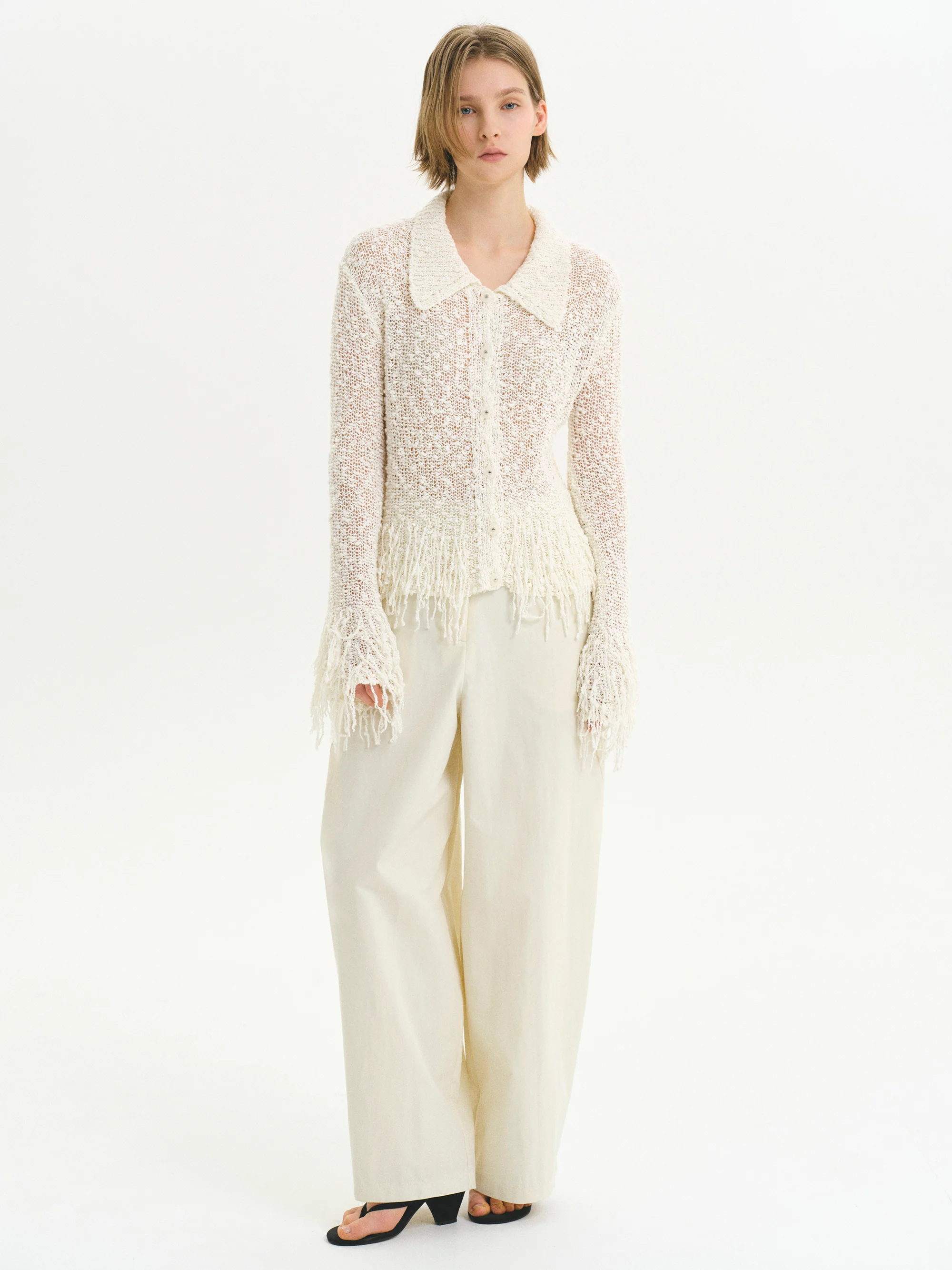 Fringe-Trimmed Open-Knit Cardigan, Ivory - Image 4