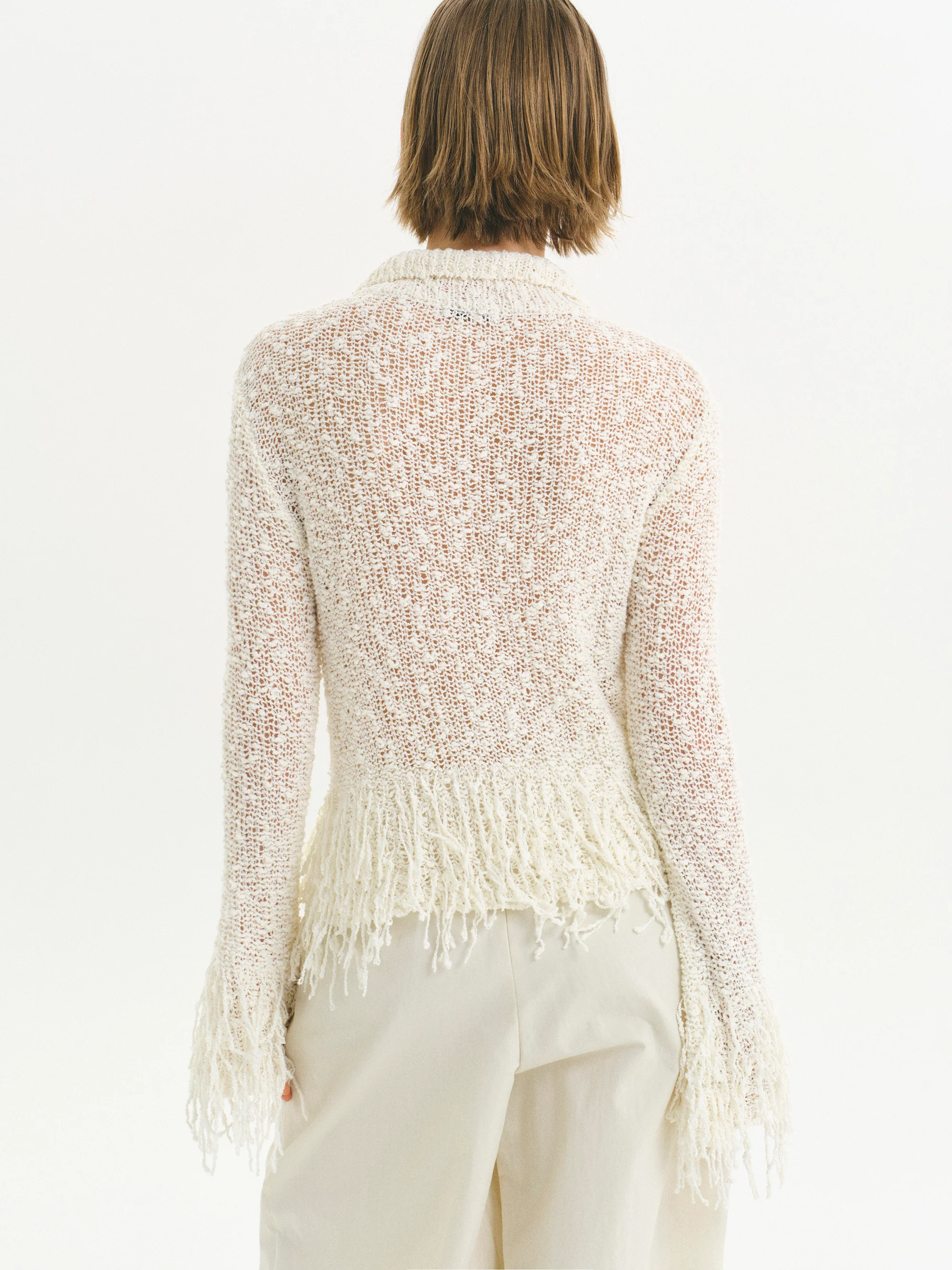 Fringe-Trimmed Open-Knit Cardigan, Ivory - Image 5