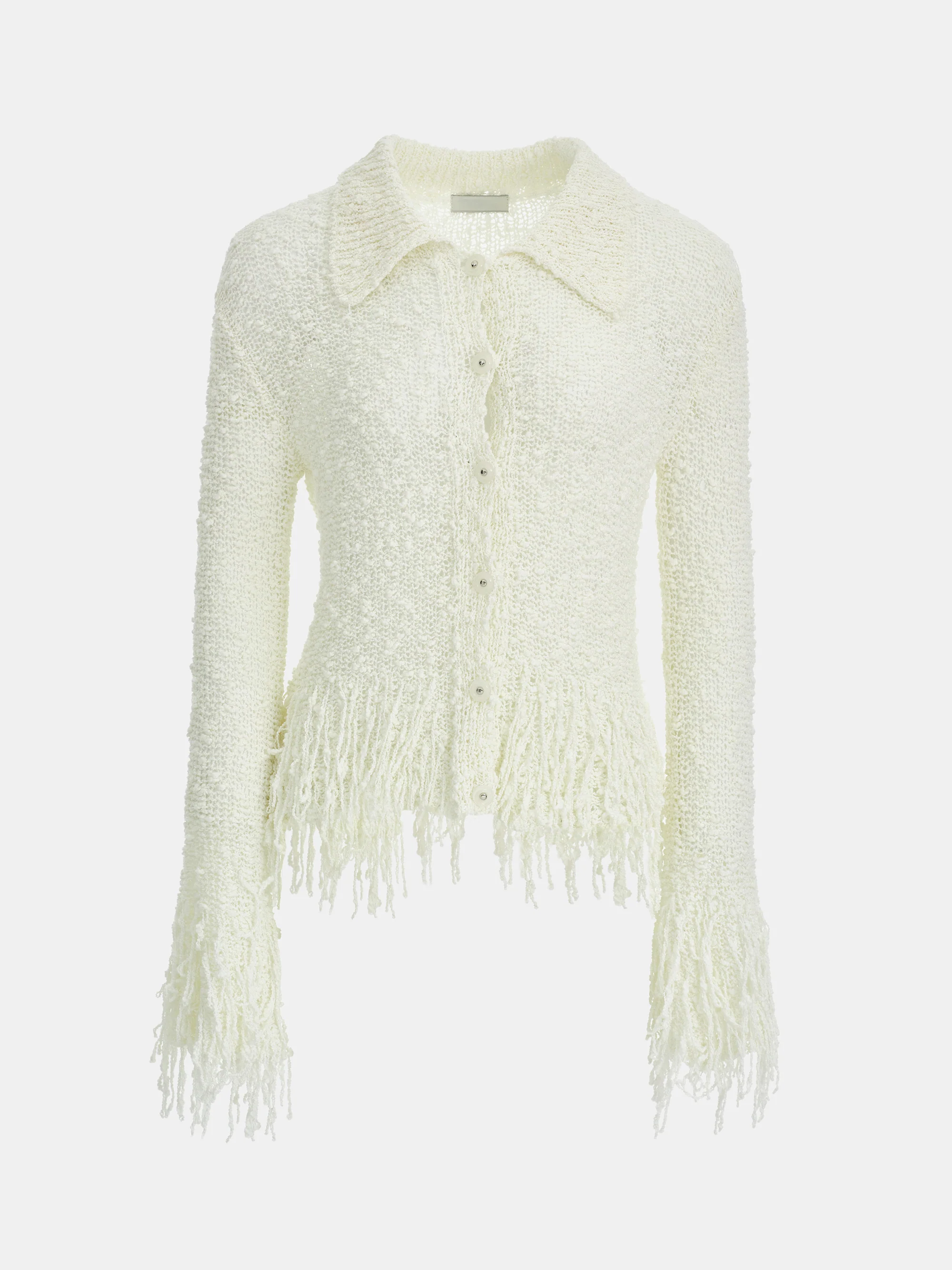 Fringe-Trimmed Open-Knit Cardigan, Ivory - Image 6