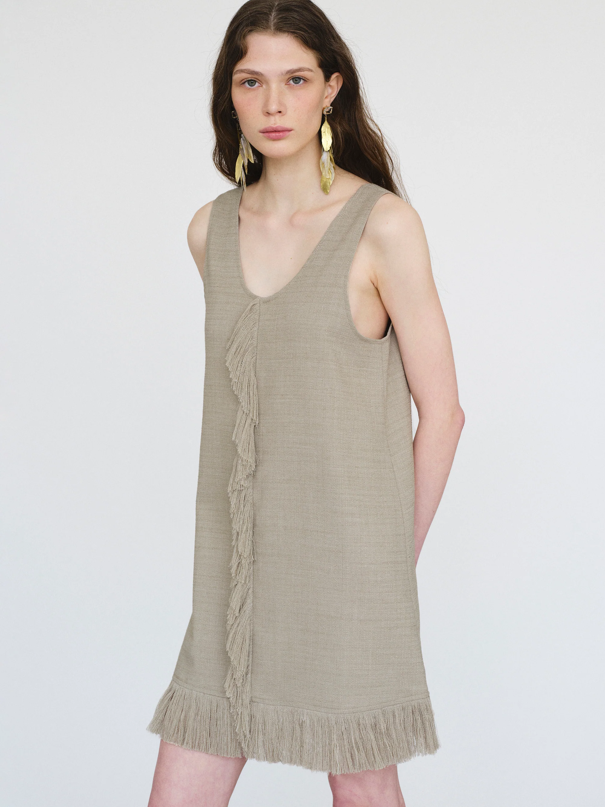 Fringed Slub Linen Dress, Natural - Image 2