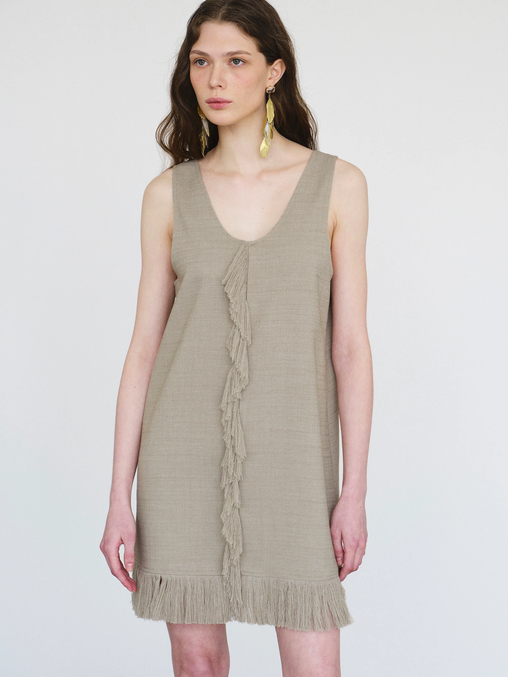 Fringed Slub Linen Dress, Natural - Image 3