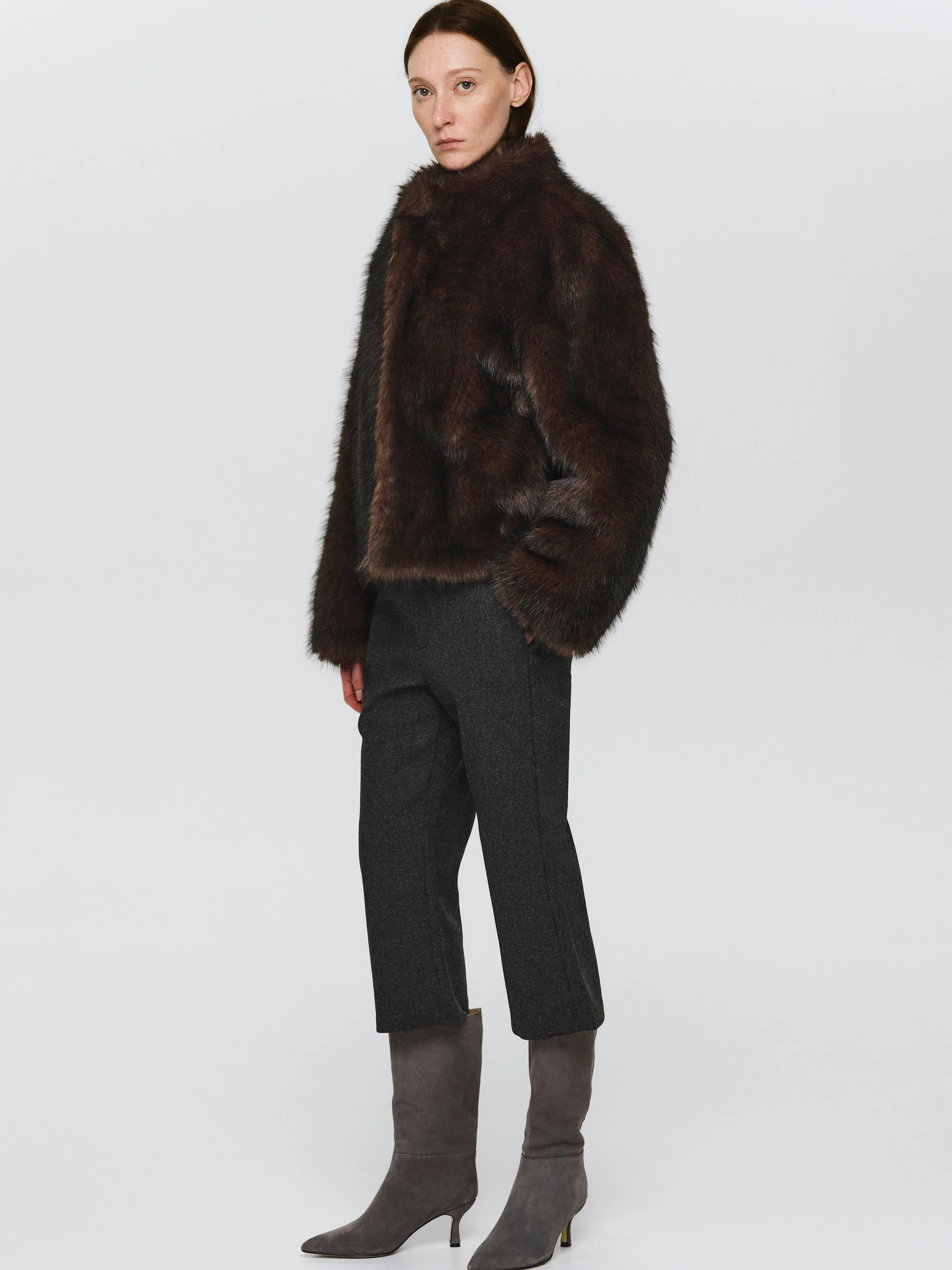 Funnel-Neck Faux-Fur Jacket, Brown - Image 3