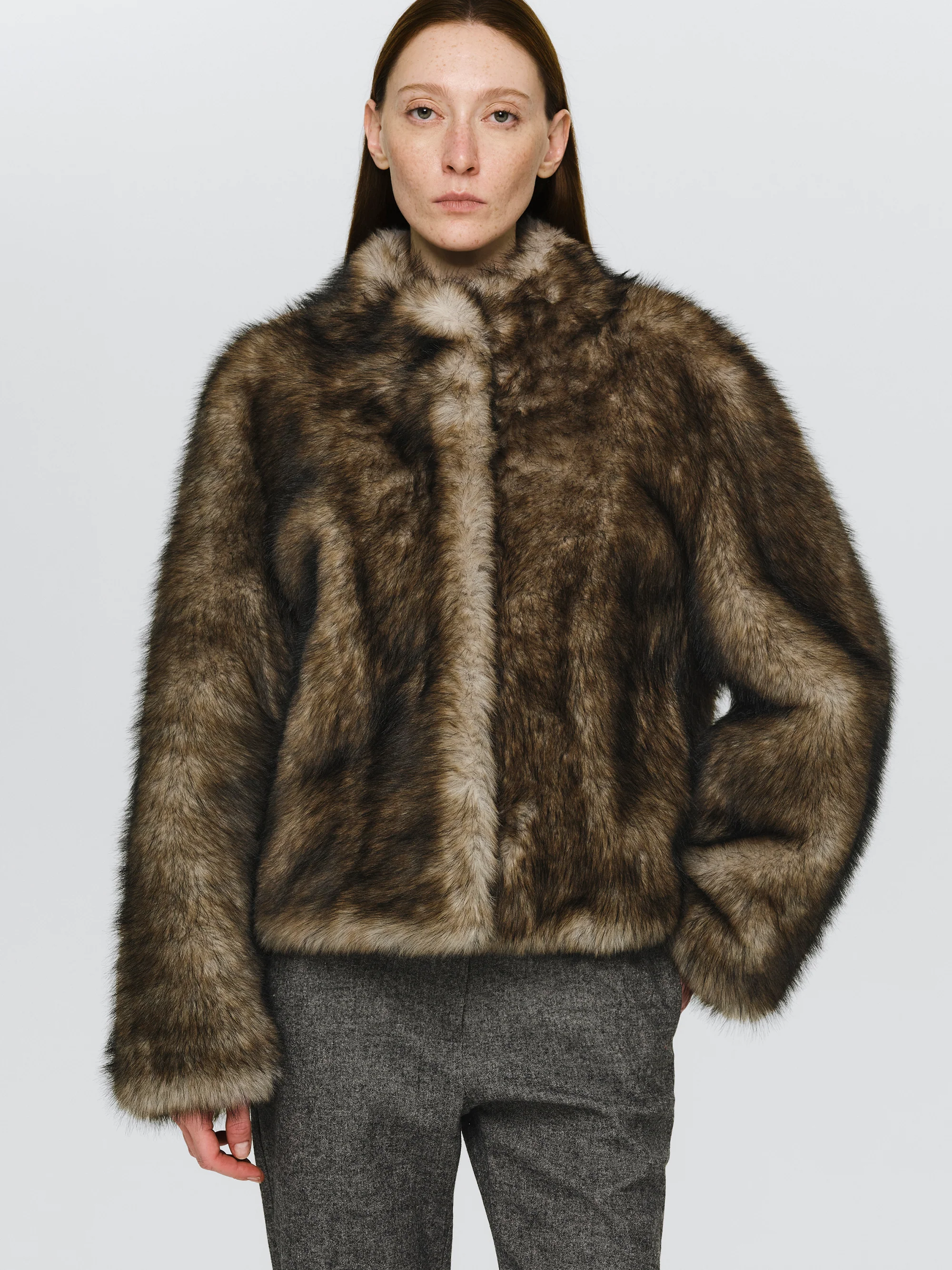 Funnel-Neck Faux-Fur Jacket, Khaki