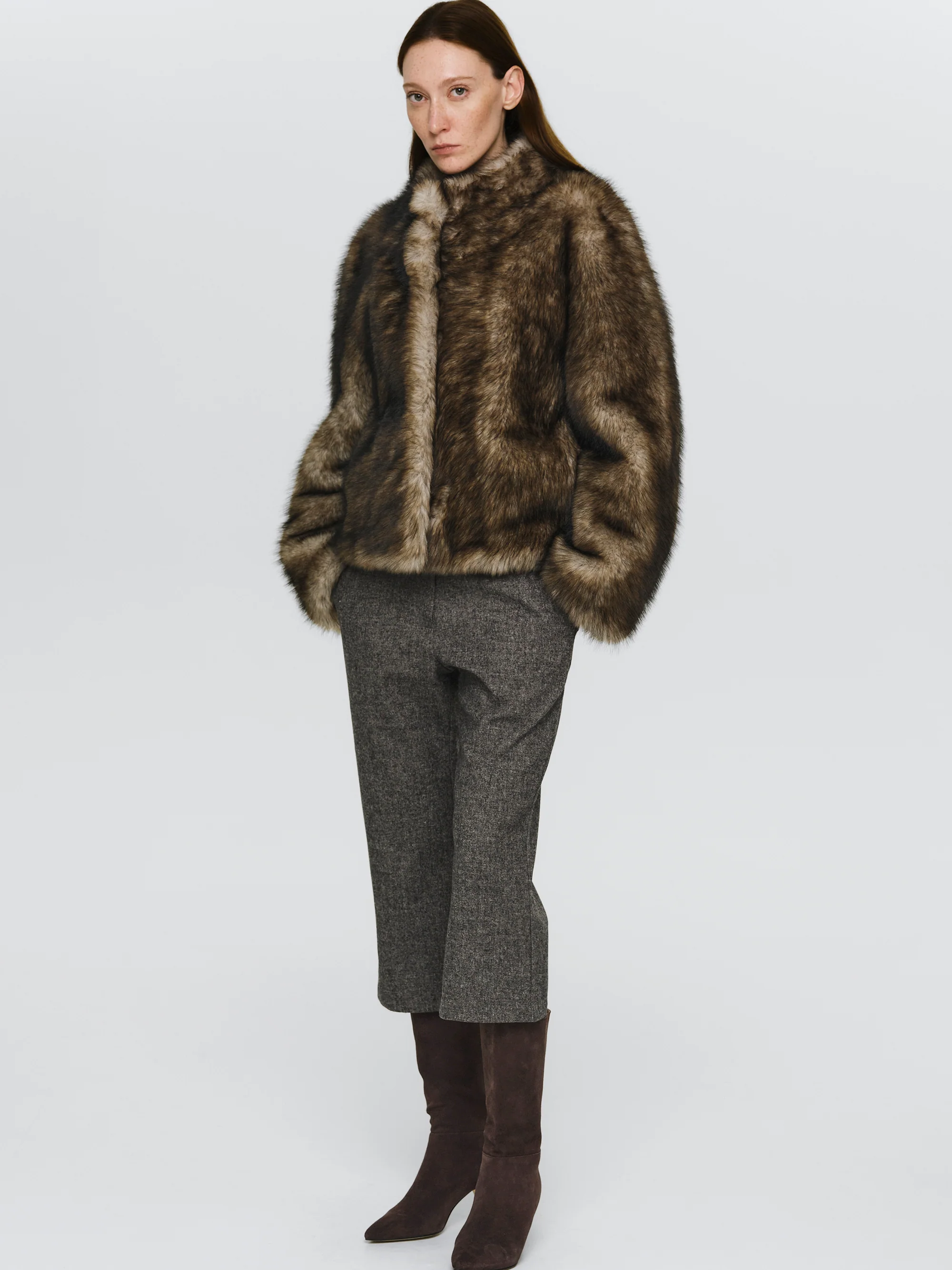 Funnel-Neck Faux-Fur Jacket, Khaki - Image 2