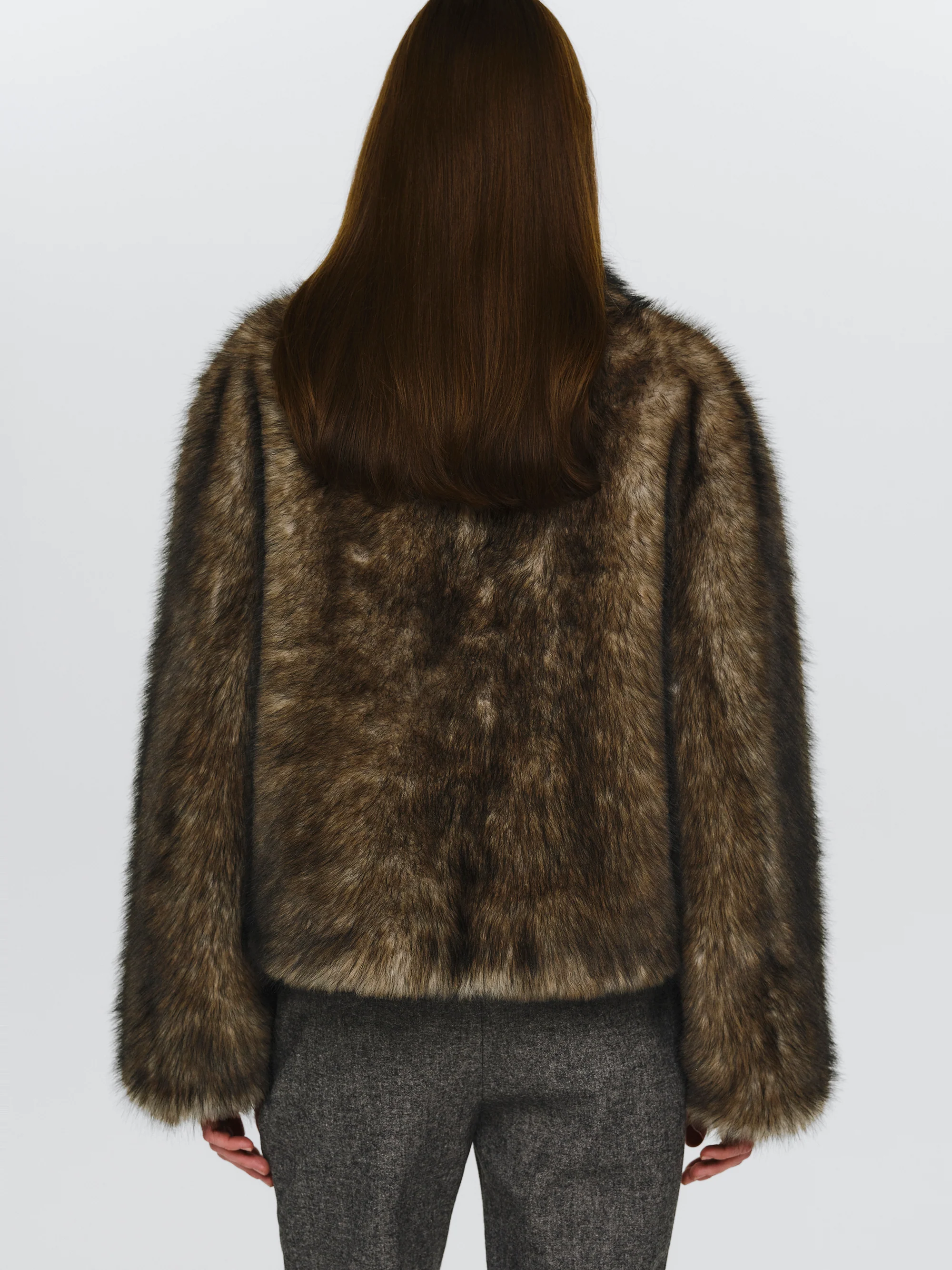 Funnel-Neck Faux-Fur Jacket, Khaki - Image 4