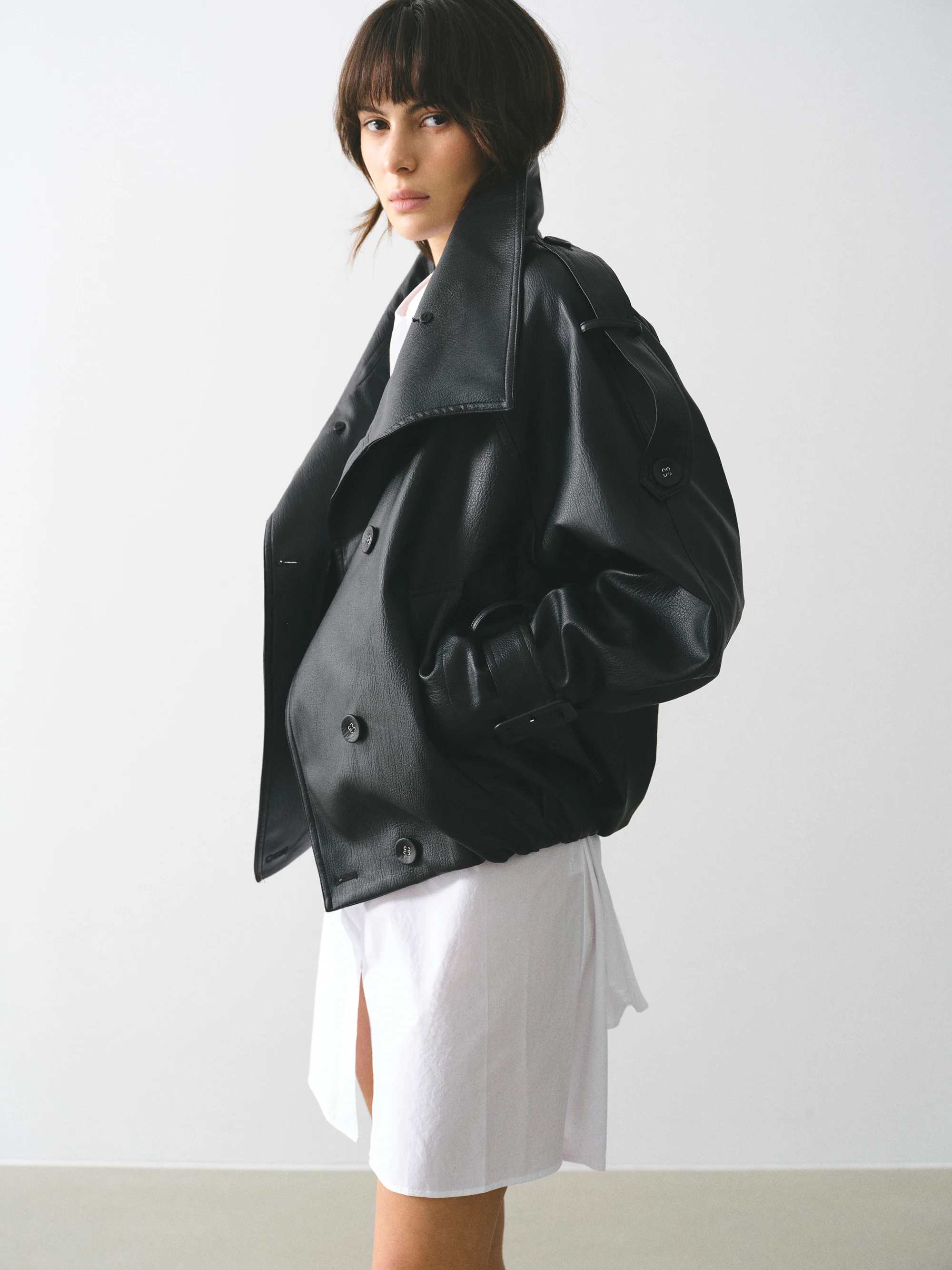 Funnel-Neck Faux-Leather Jacket, Black