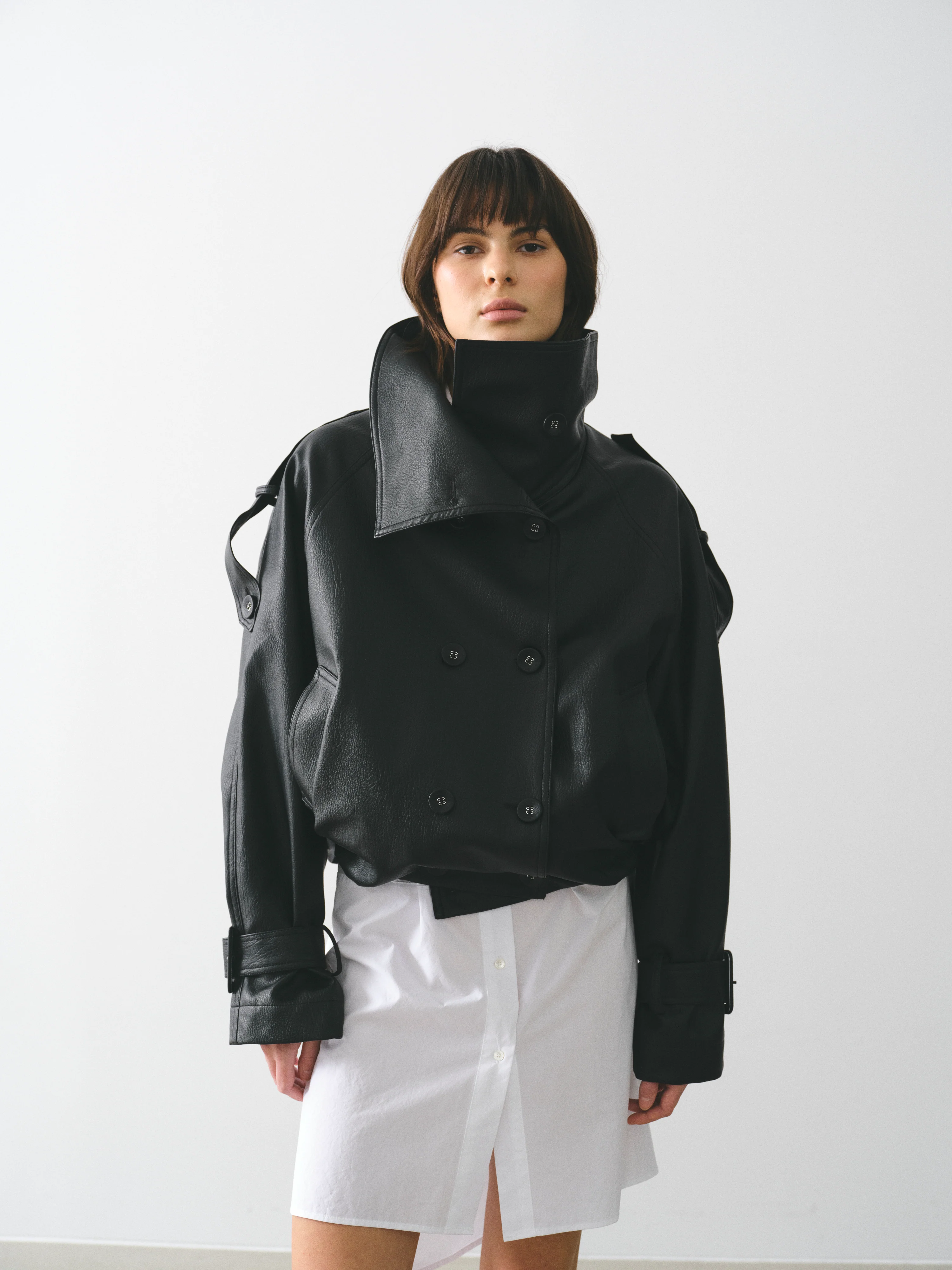 Funnel-Neck Faux-Leather Jacket, Black - Image 2