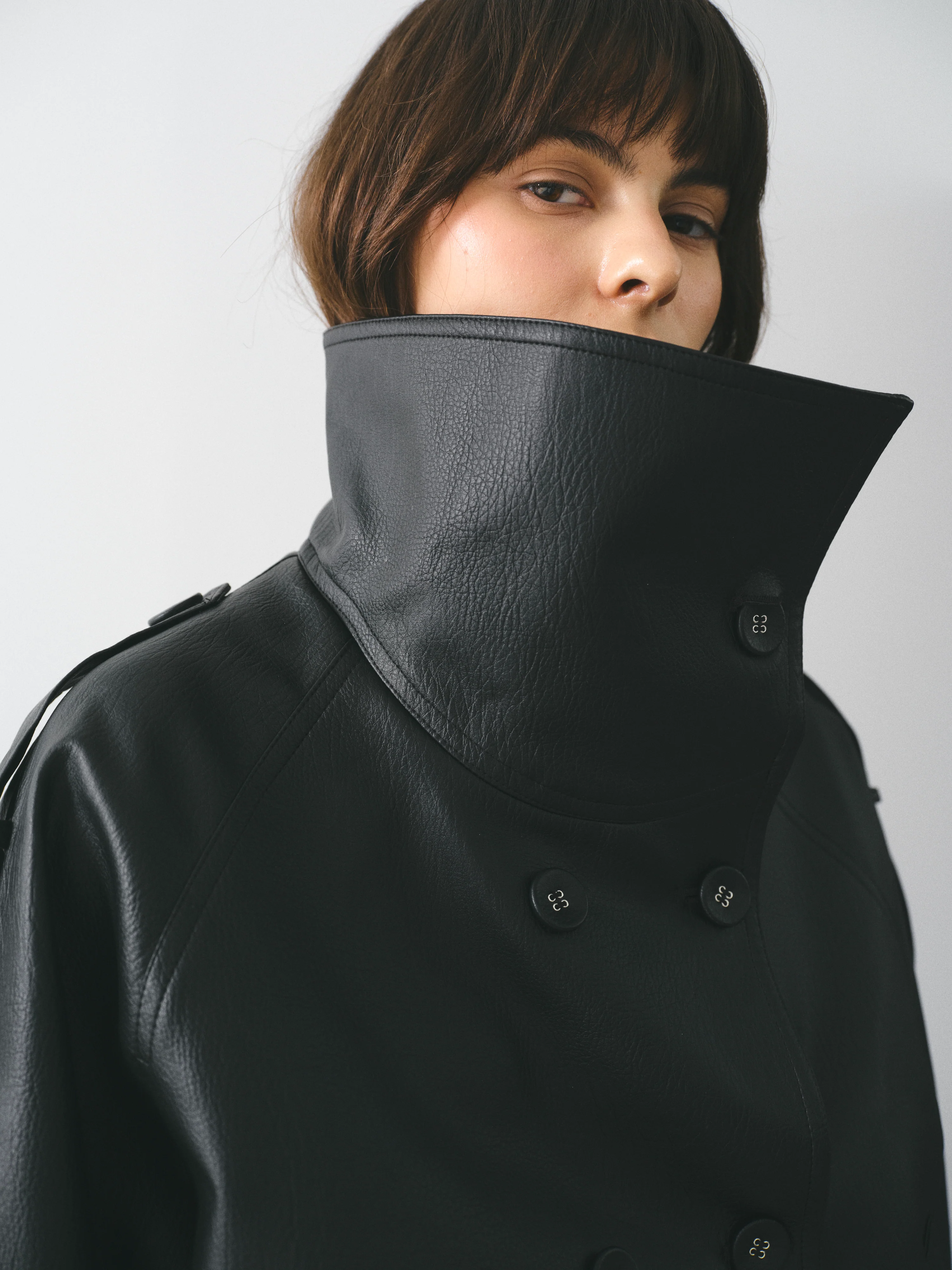 Funnel-Neck Faux-Leather Jacket, Black - Image 3