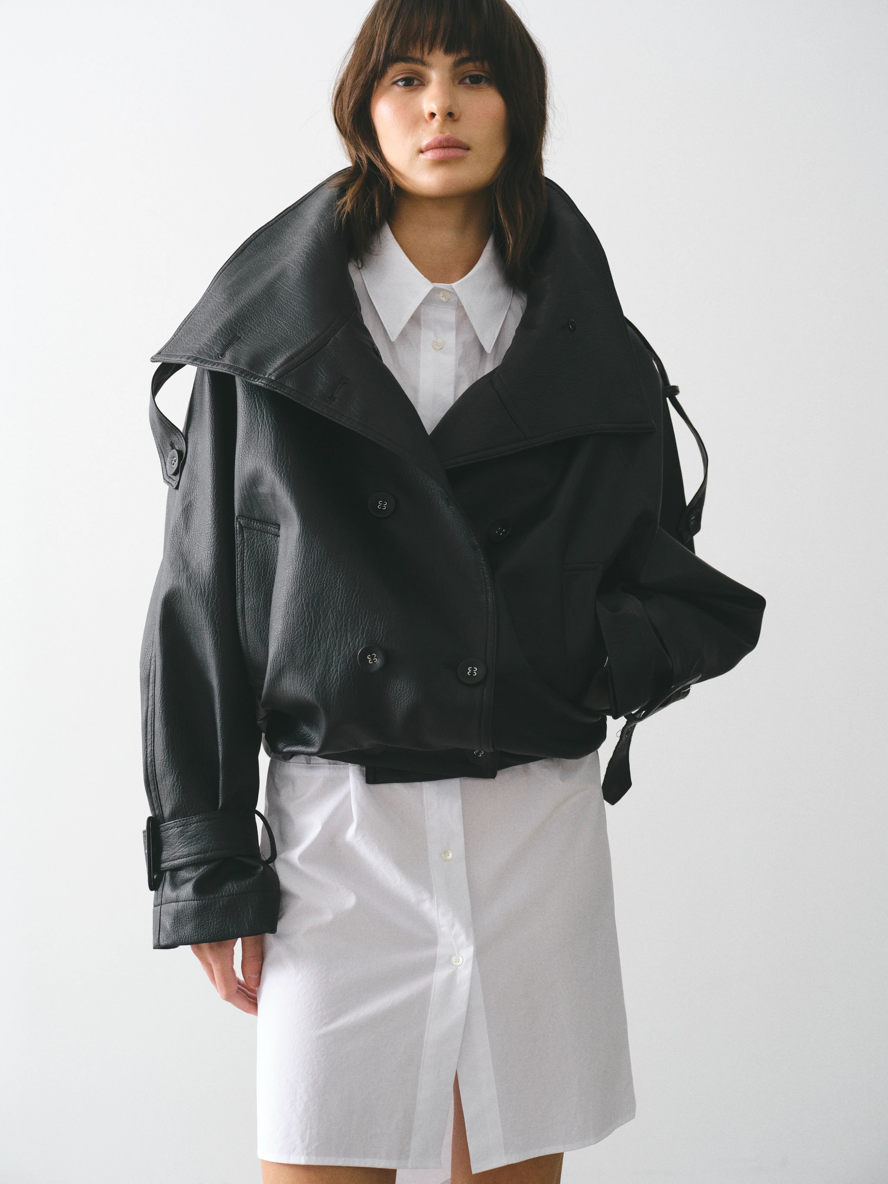 Funnel-Neck Faux-Leather Jacket, Black - Image 4
