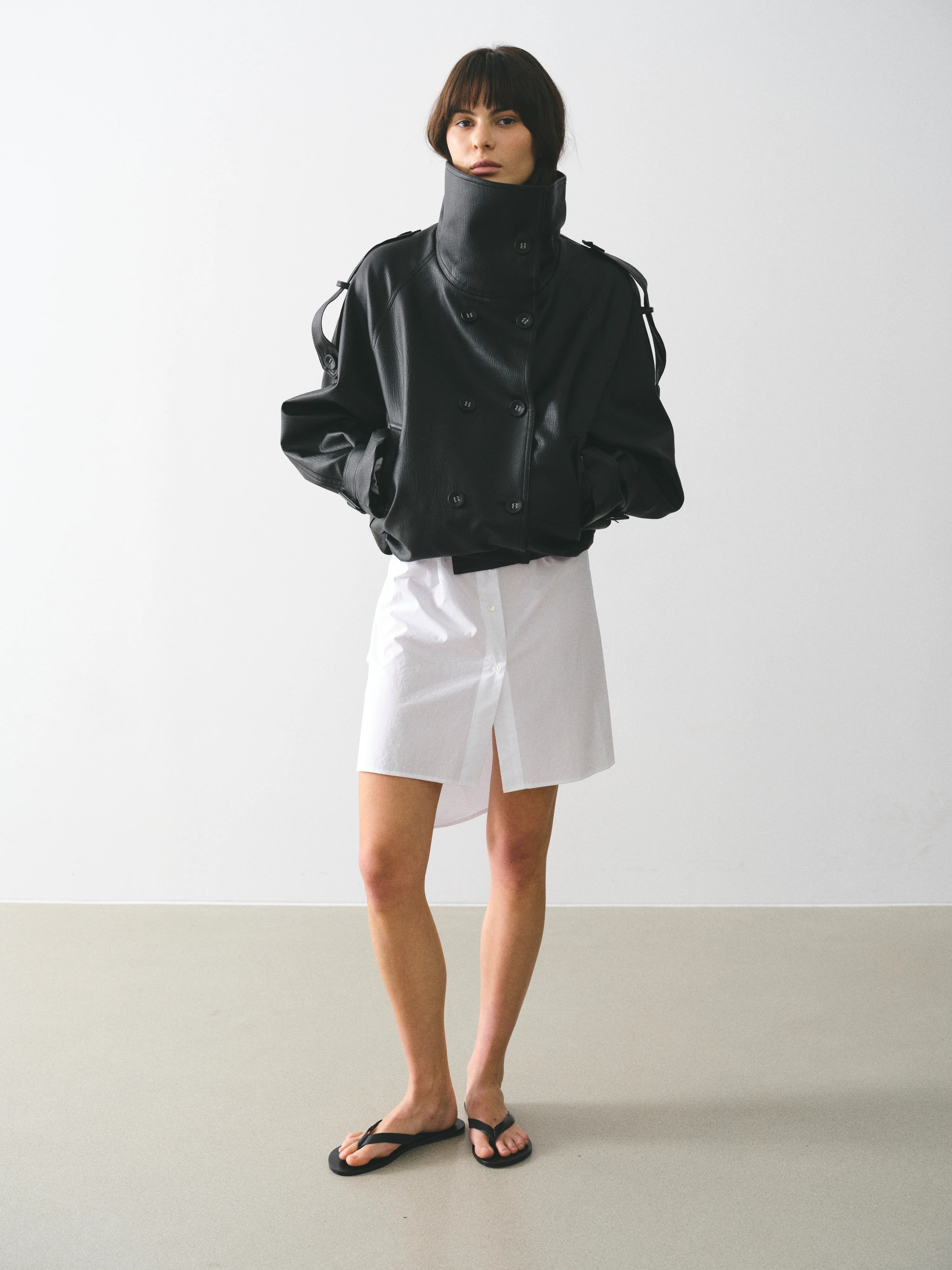 Funnel-Neck Faux-Leather Jacket, Black - Image 5