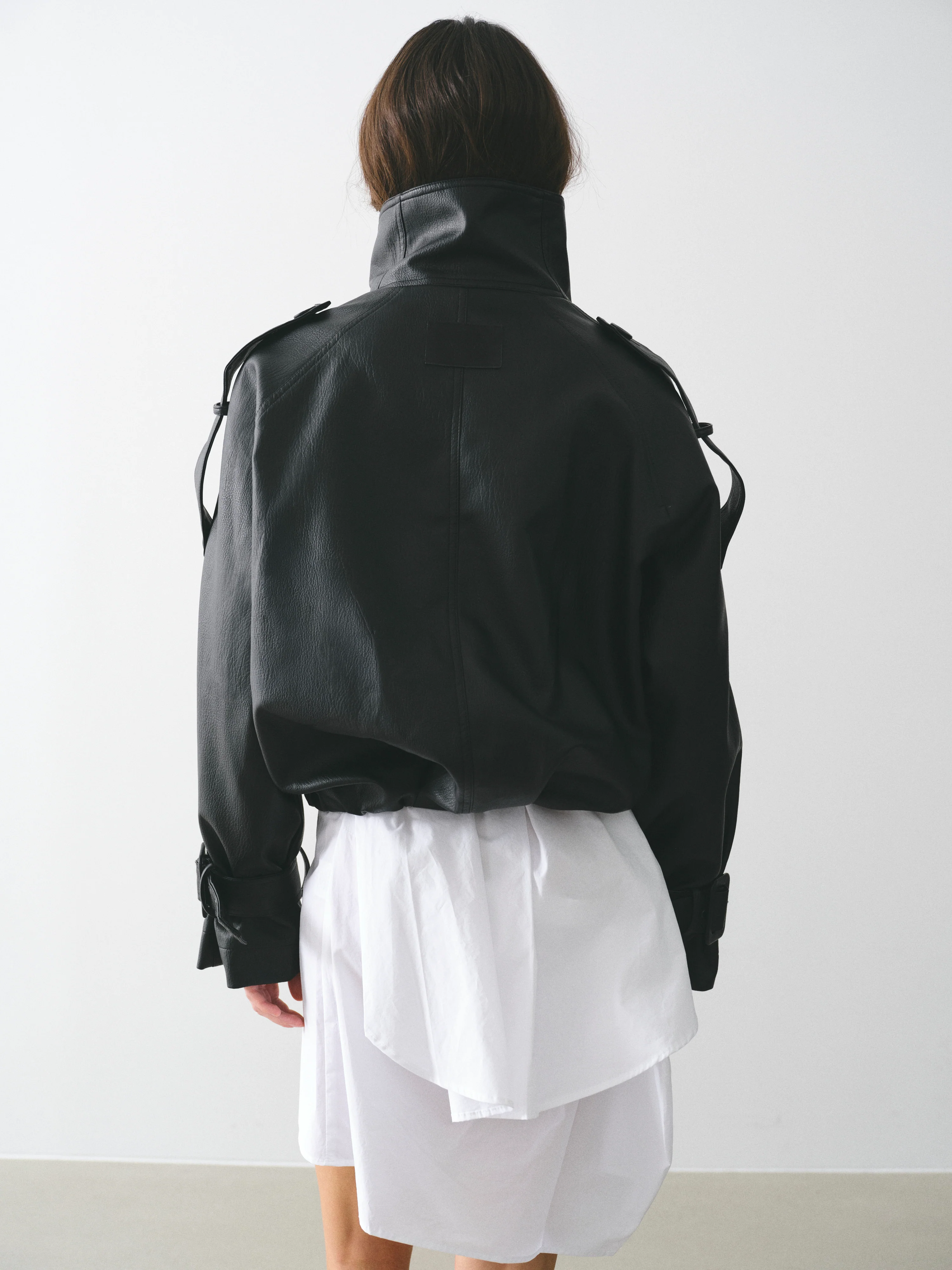 Funnel-Neck Faux-Leather Jacket, Black - Image 6