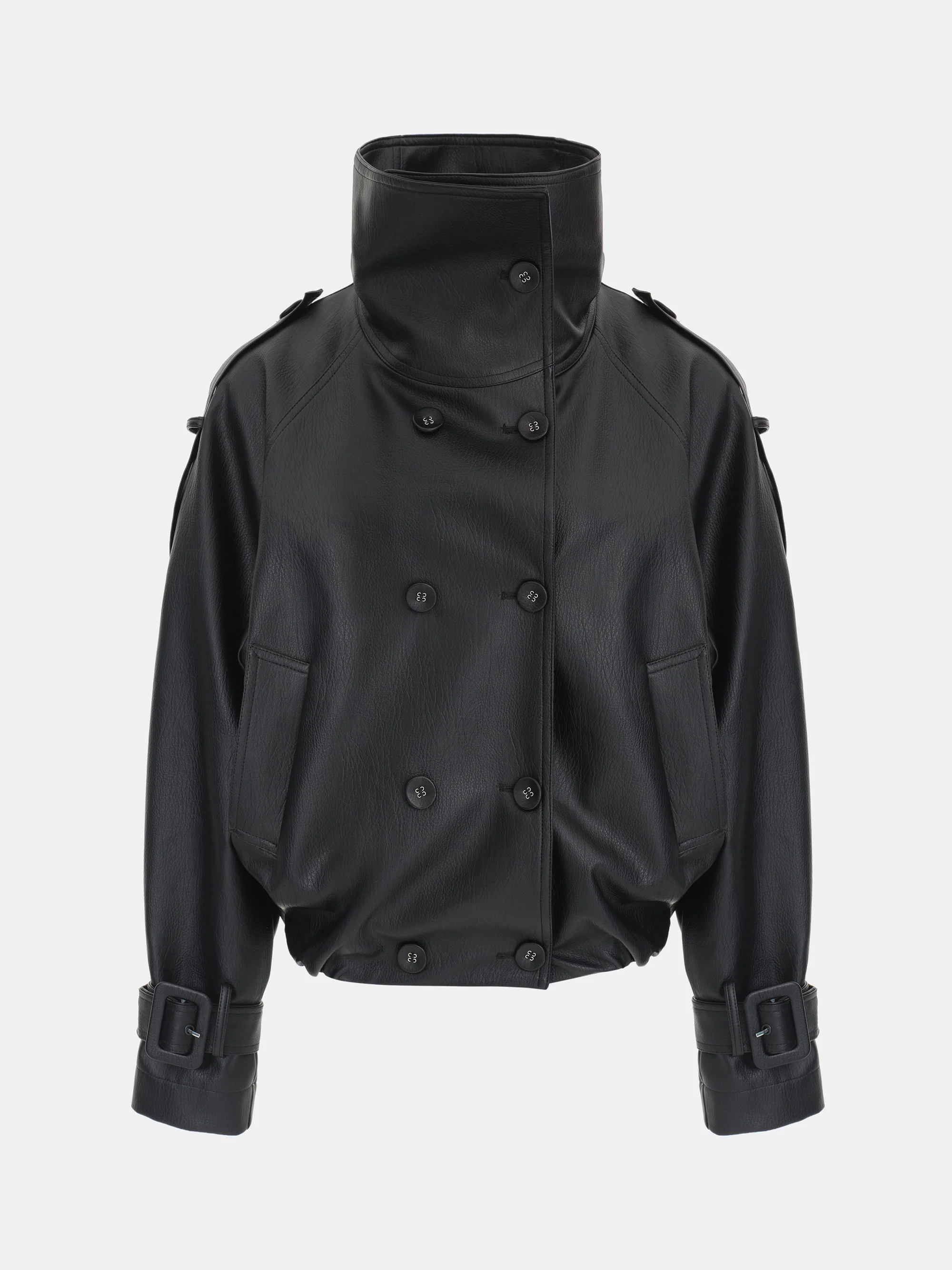 Funnel-Neck Faux-Leather Jacket, Black - Image 7